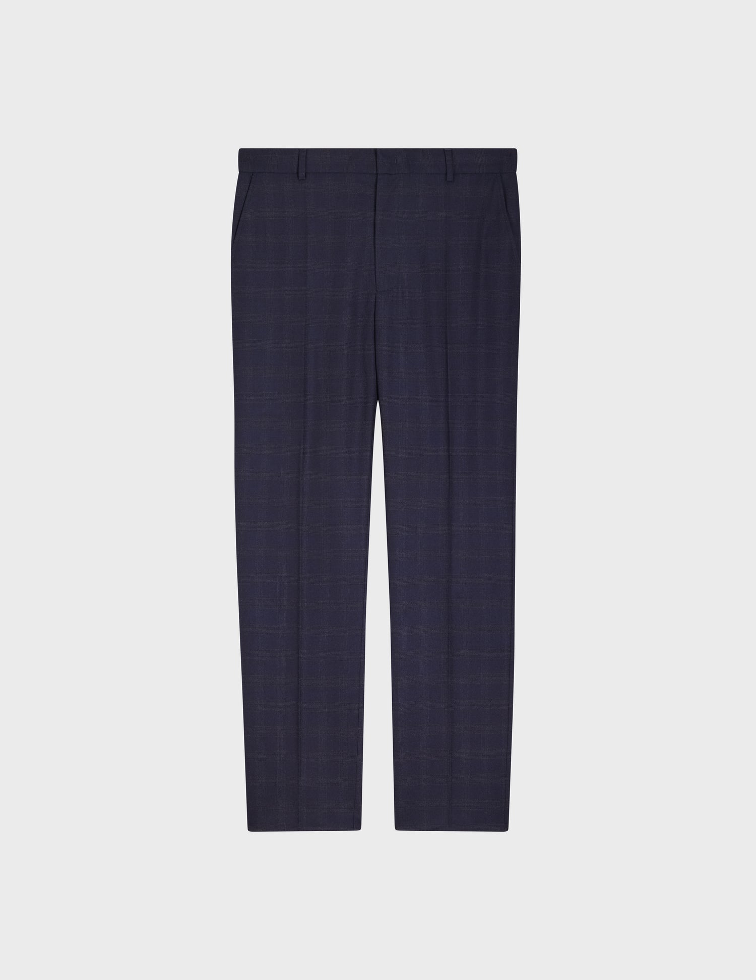 Tailored Greyson pants in navy blue plaid wool canvas