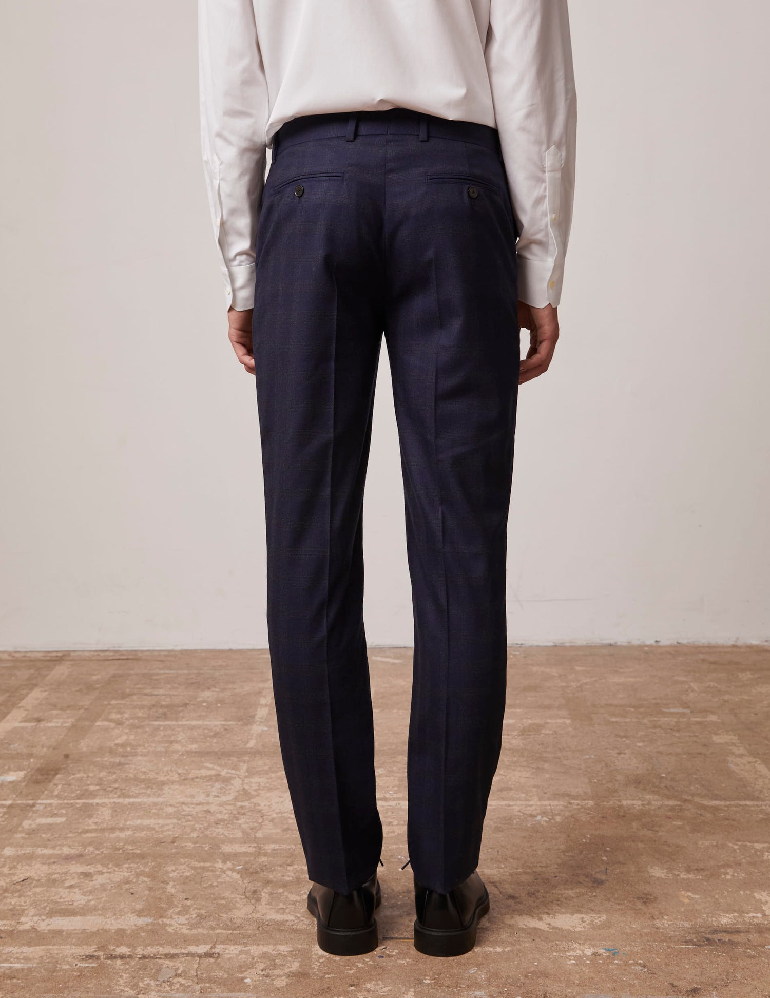 Tailored Greyson pants in navy blue plaid wool canvas