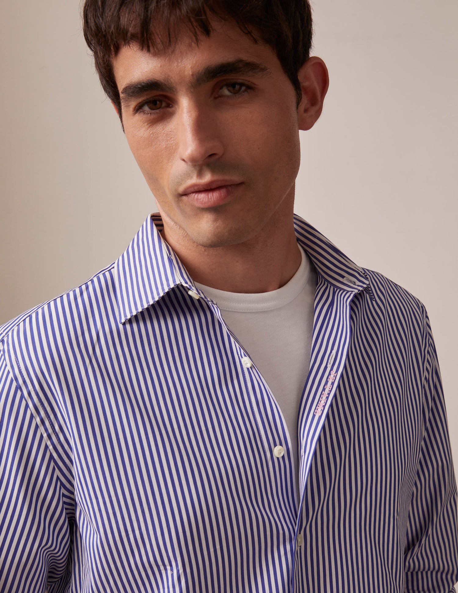 Unisex “Je t'aime” navy blue striped shirt - Poplin - Figaret Collar#1