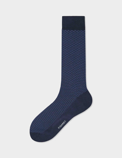 Scottish thread socks with navy blue geometric motifs