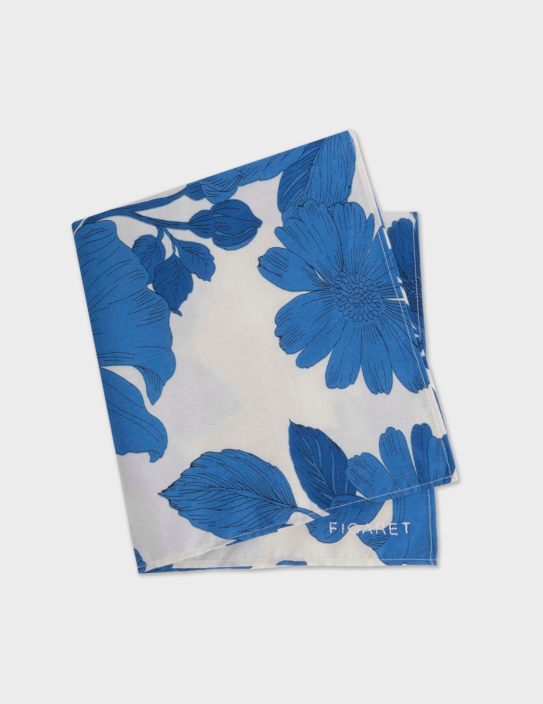 Cotton voile pocket square with blue floral motifs