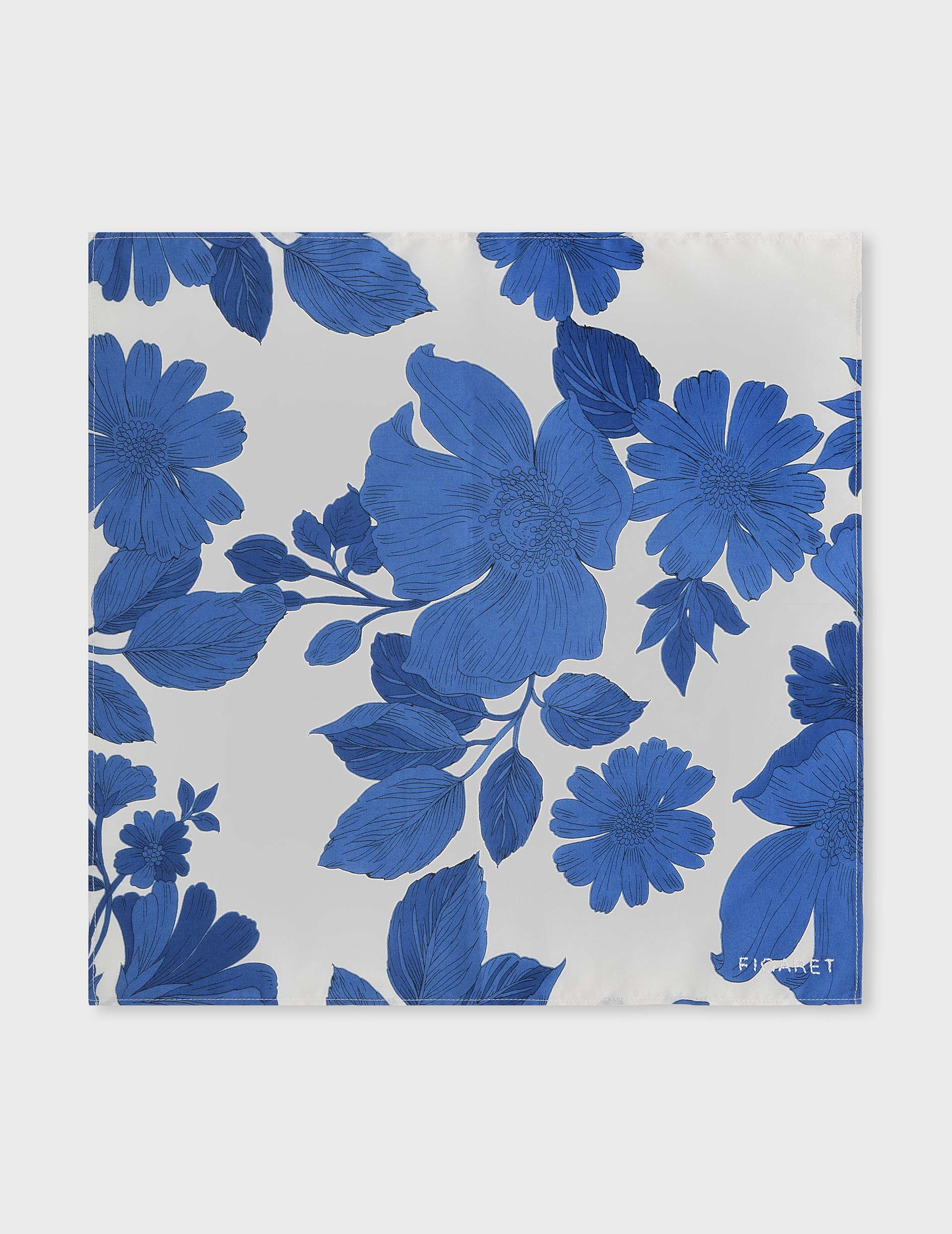 Cotton voile pocket square with blue floral motifs