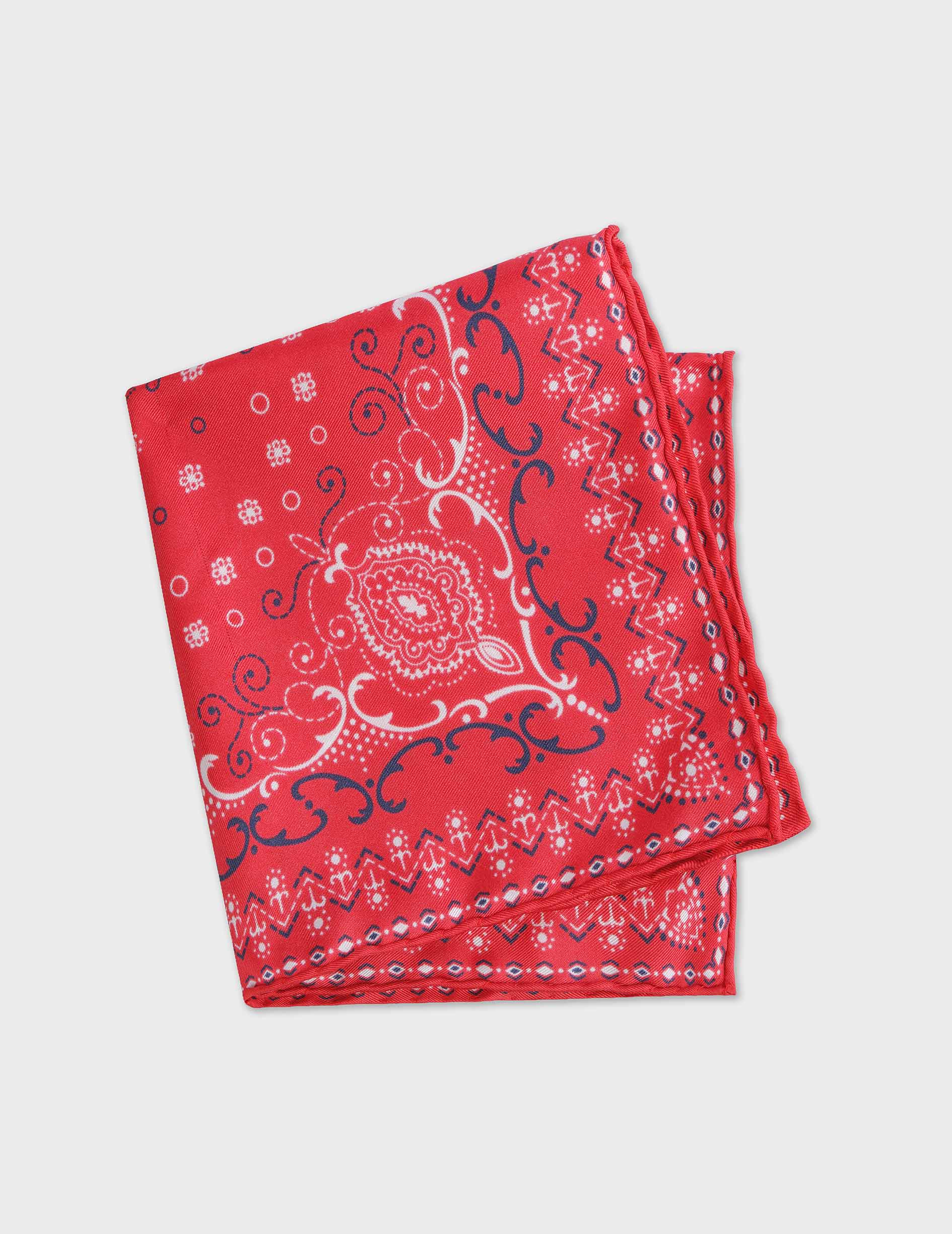 Pocket square in silk twill with red motifs