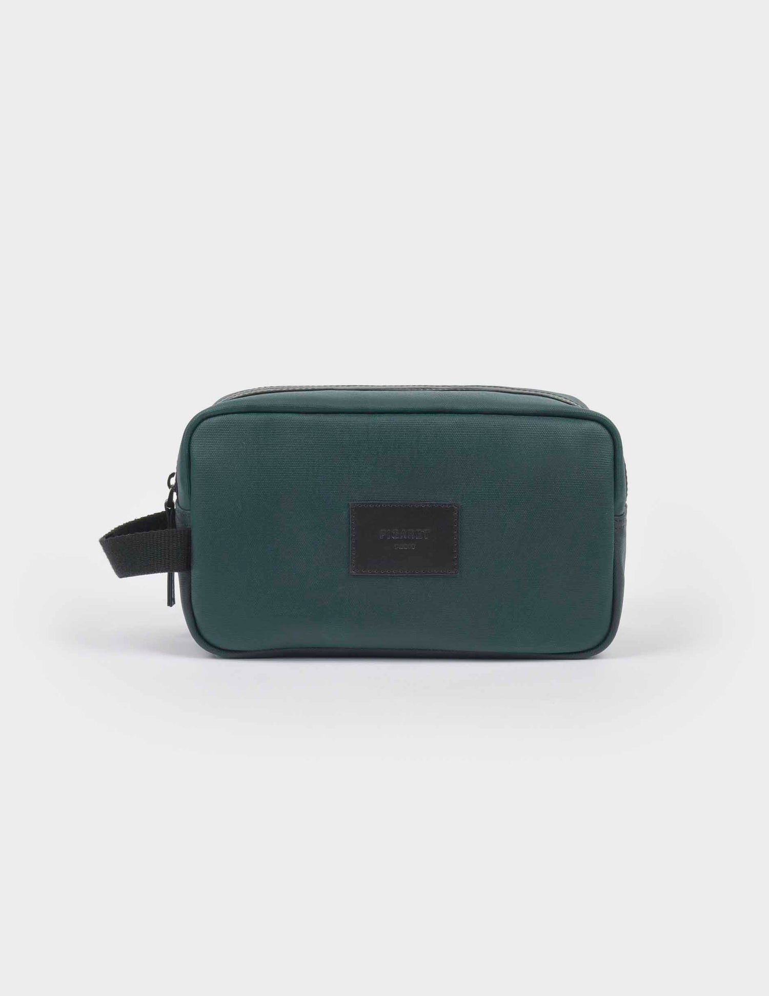 Toiletry bag in coated cotton canvas and green leather