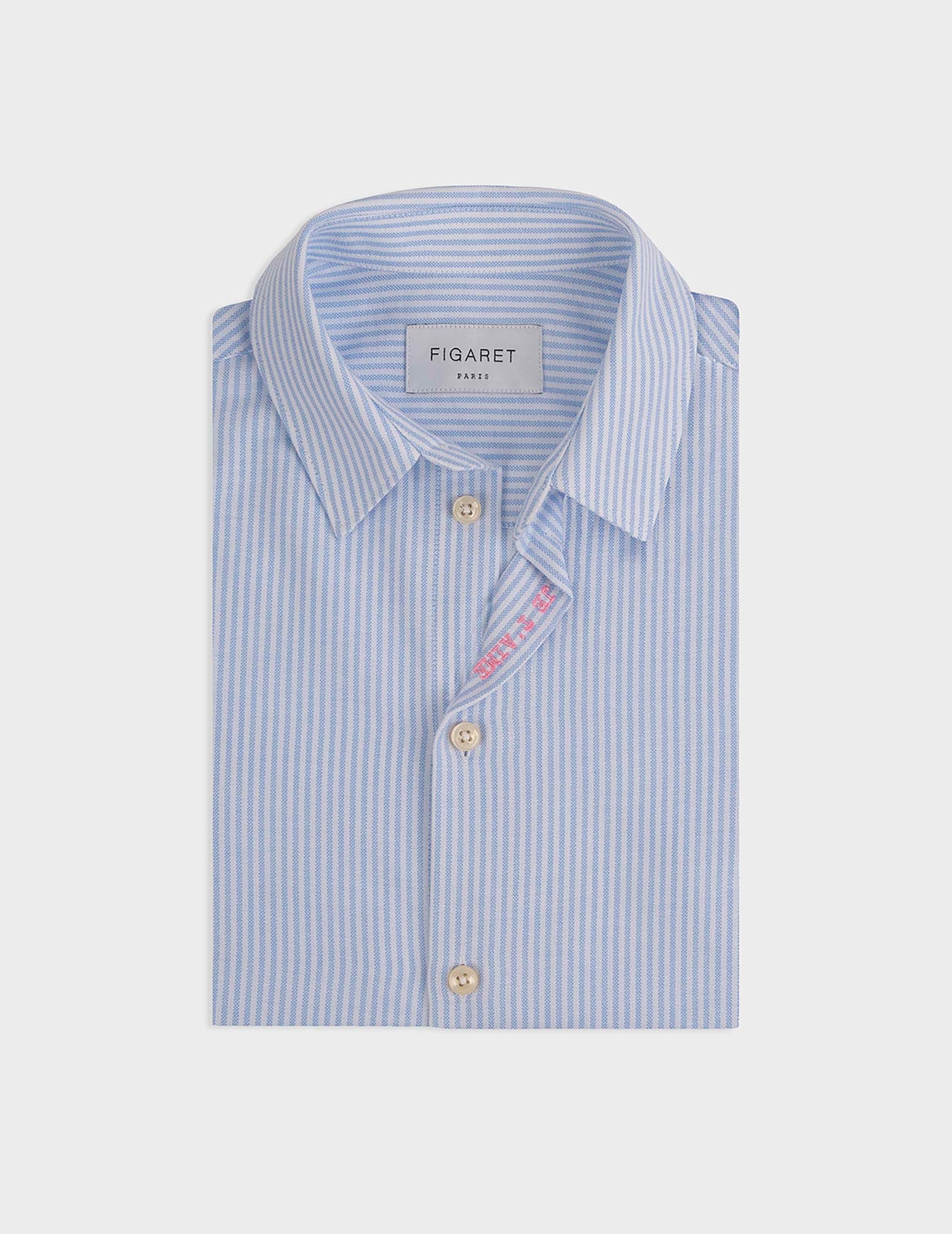 Kid's light blue striped "Je t'aime" shirt - Oxford - Figaret Collar