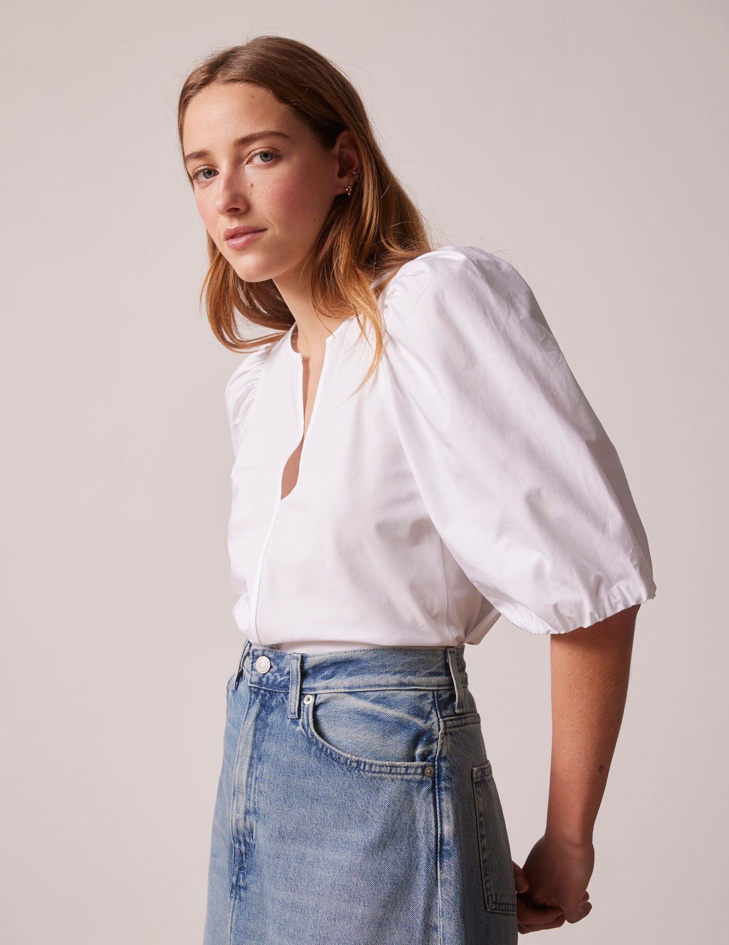 Short sleeve white Juliette blouse - Popeline - V Collar#3