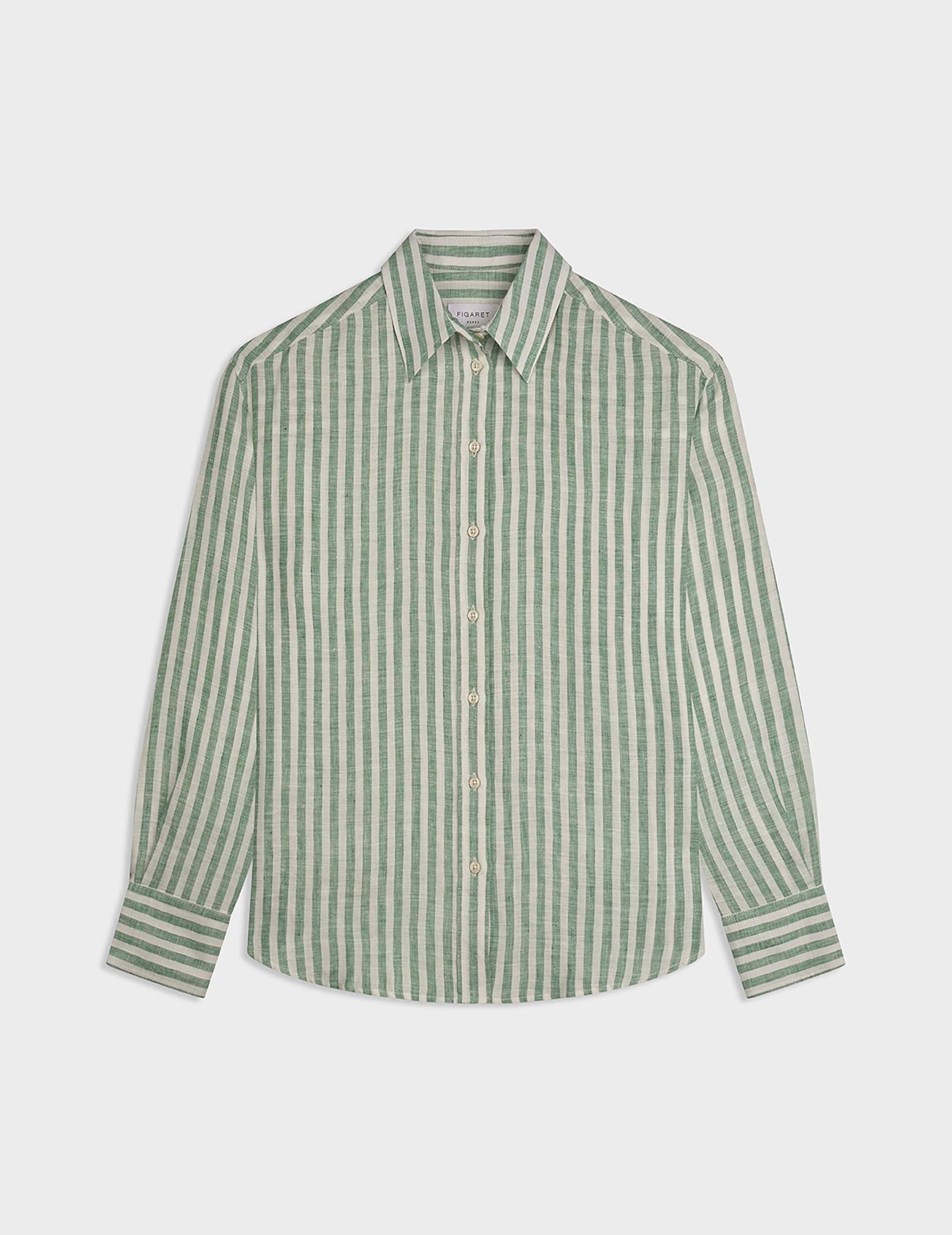 Green striped linen Ambre shirt - Lin - Chemise Collar