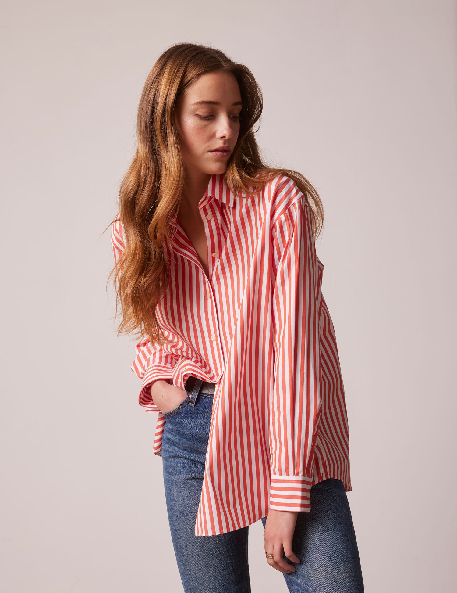 Oversized coral striped Delina shirt - Poplin - Shirt Collar