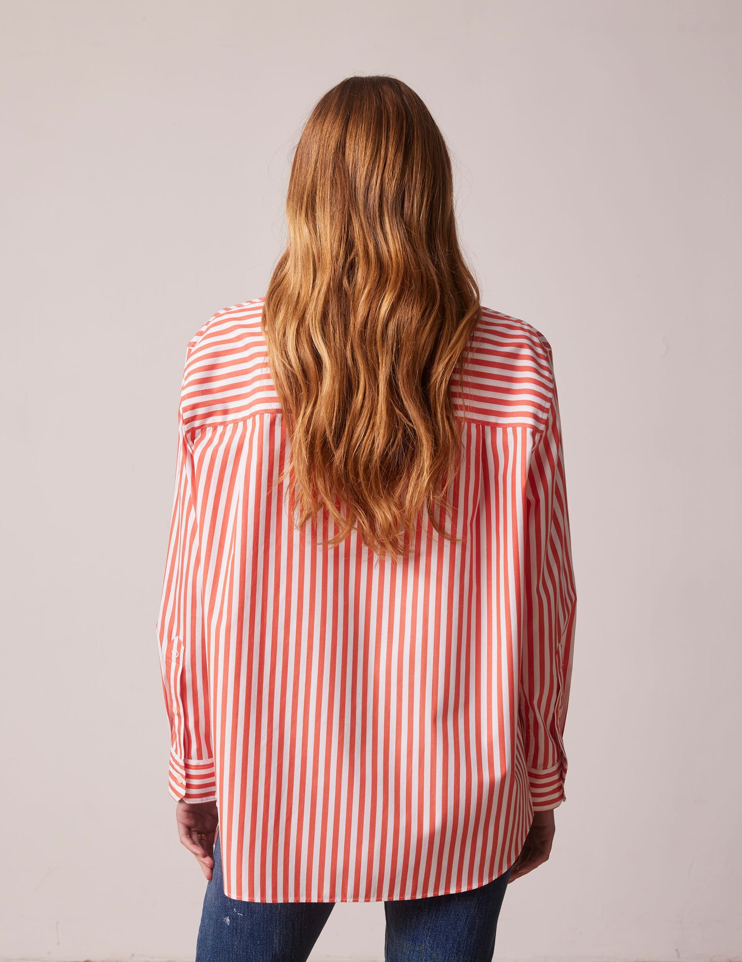 Oversized coral striped Delina shirt - Poplin - Shirt Collar#2