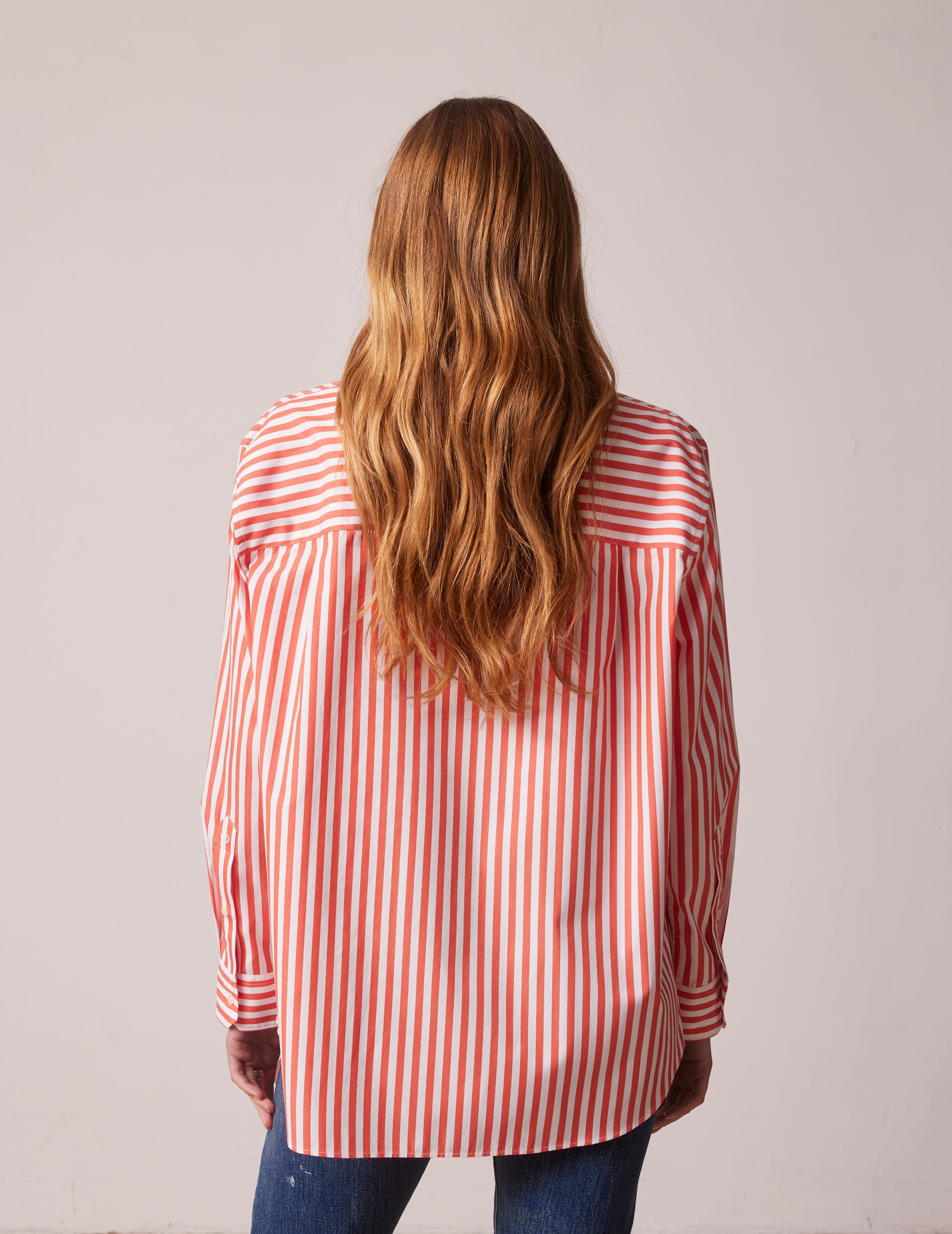 Oversized coral striped Delina shirt - Poplin - Shirt Collar