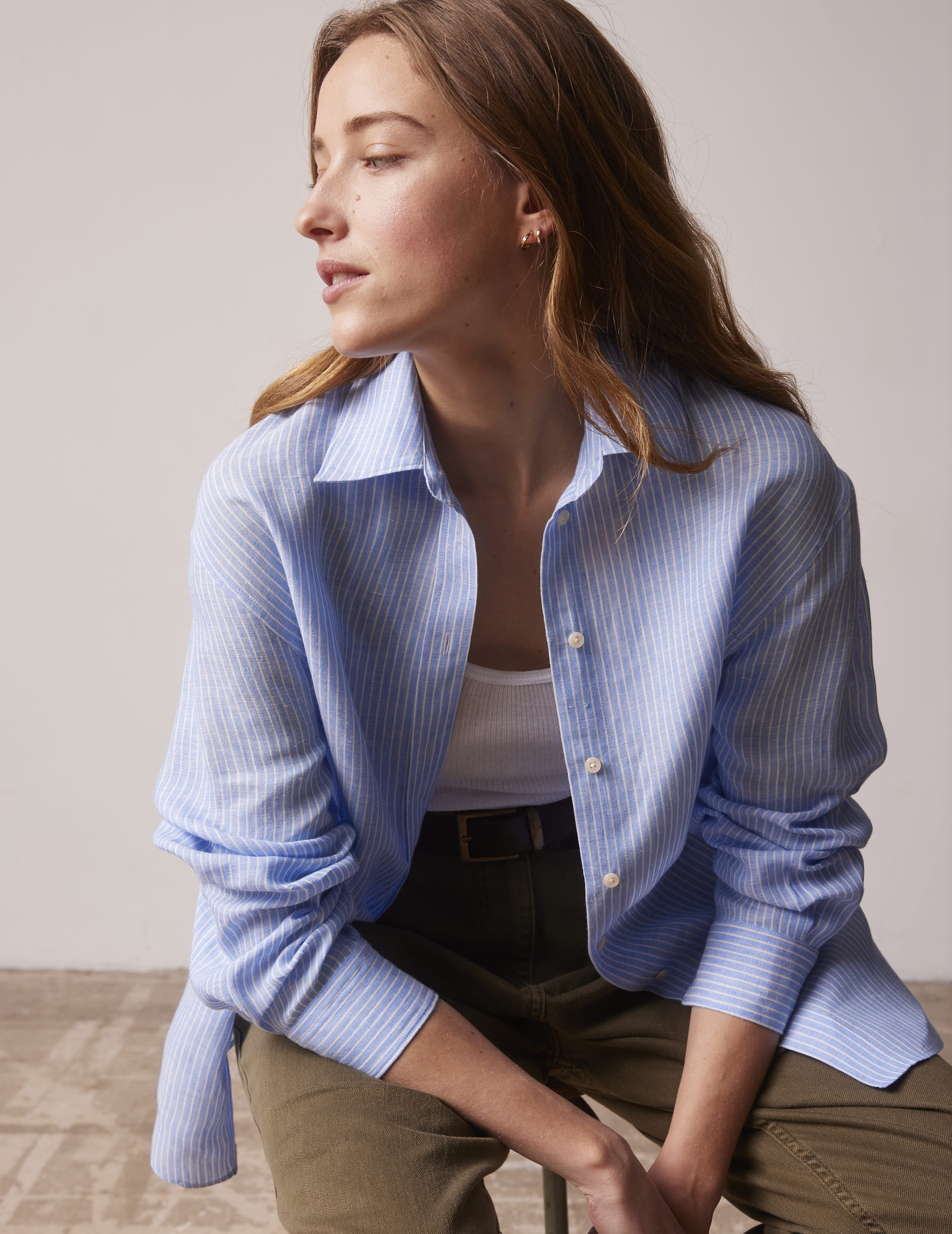 Oversized blue striped linen Delina shirt - Lin - Chemise Collar