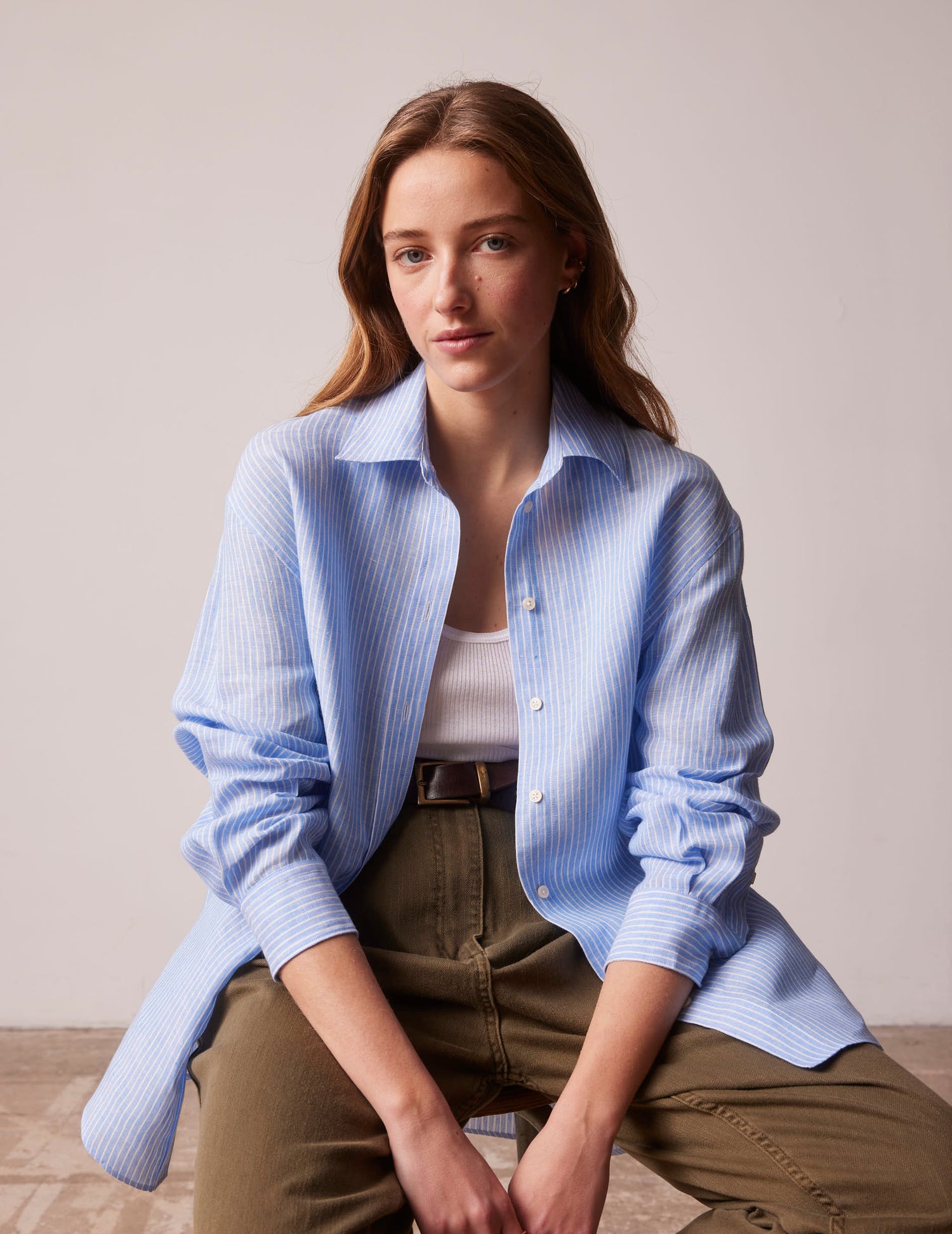 Oversized blue striped linen Delina shirt - Lin - Chemise Collar