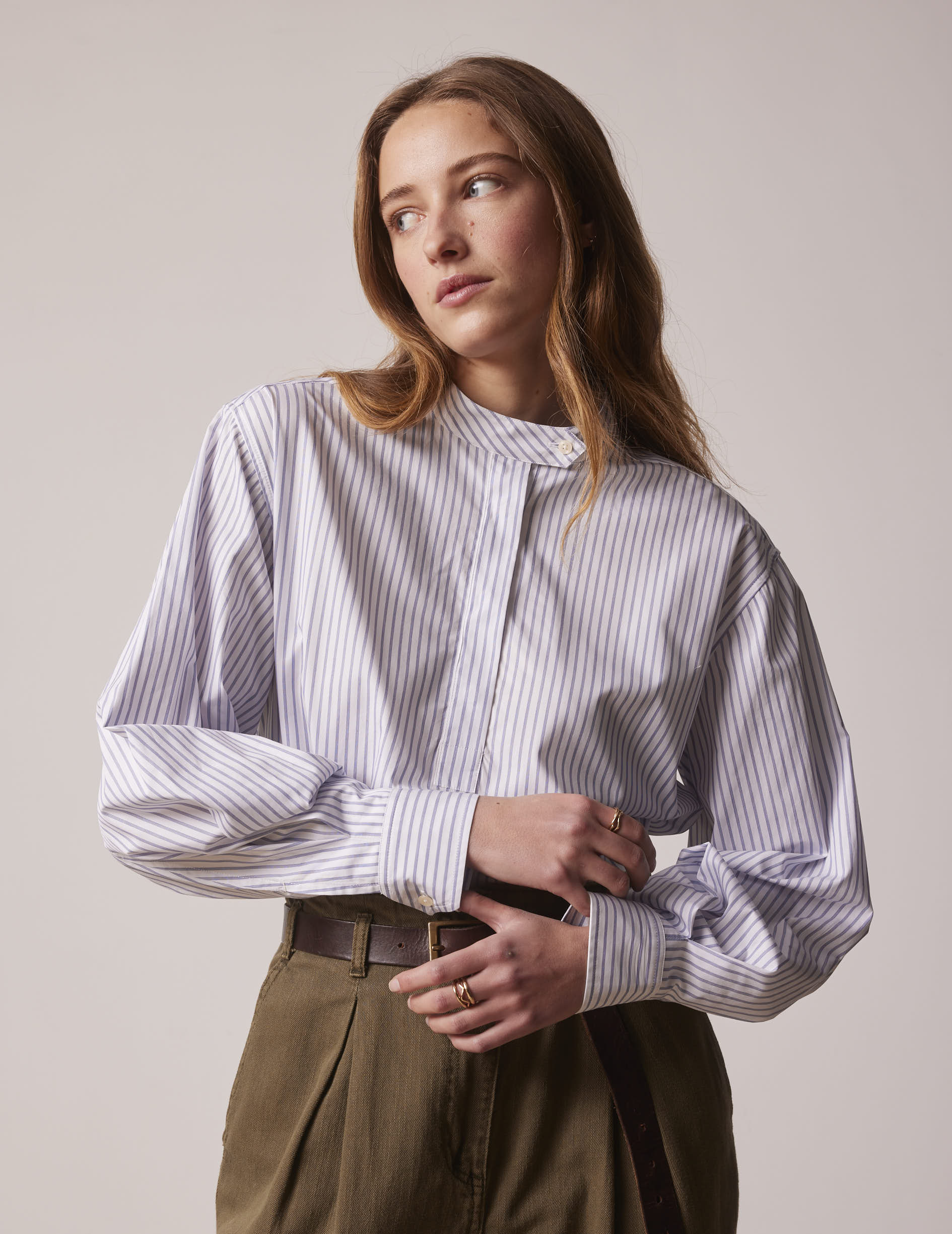 Blue striped Laure popover shirt with hidden button placket