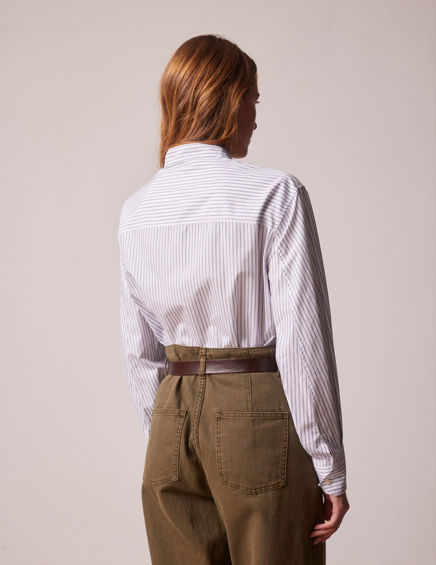 Blue striped Laure popover shirt with hidden button placket - Poplin - Officer in deported point Collar#2