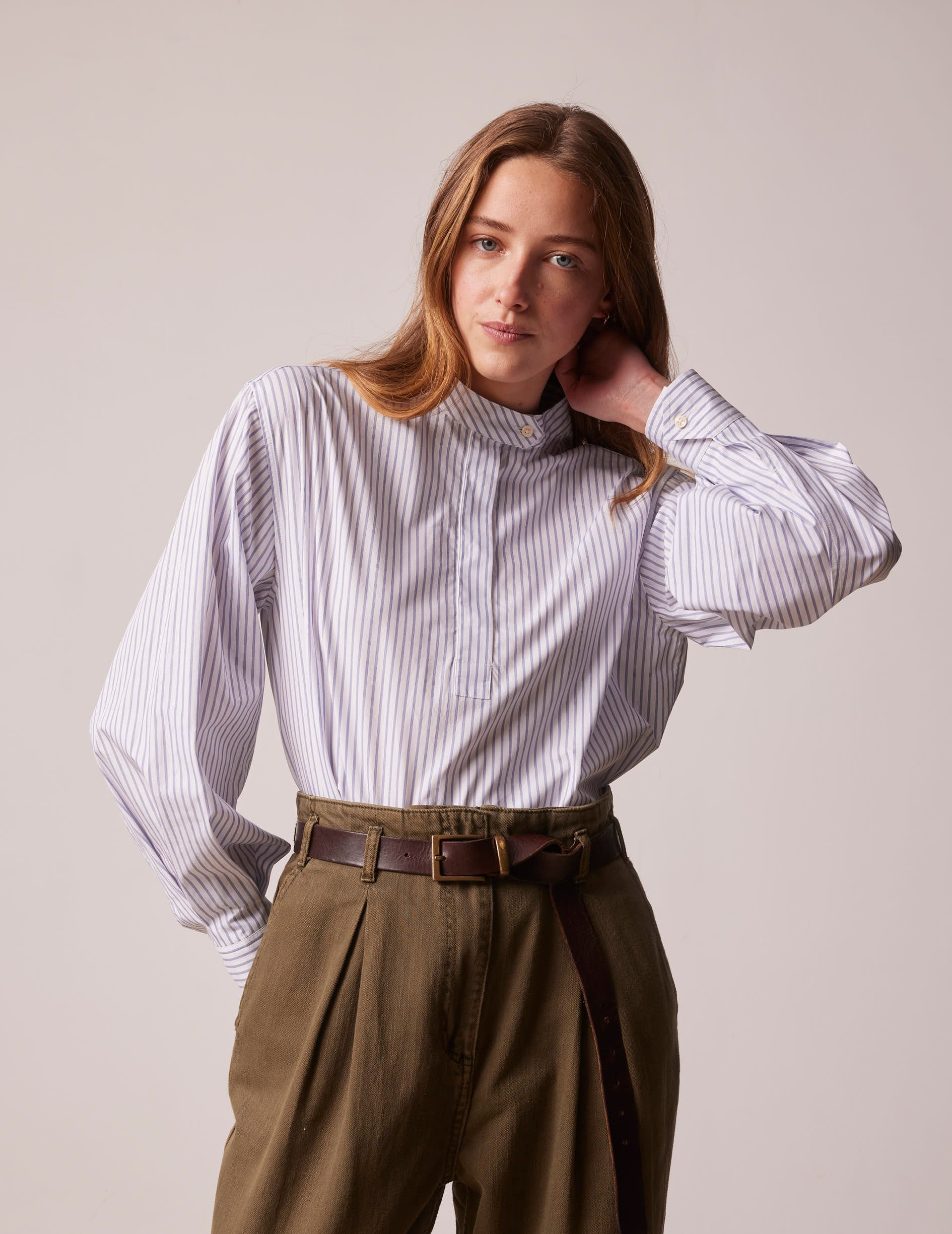 Blue striped Laure popover shirt with hidden button placket - Poplin - Officer in deported point Collar