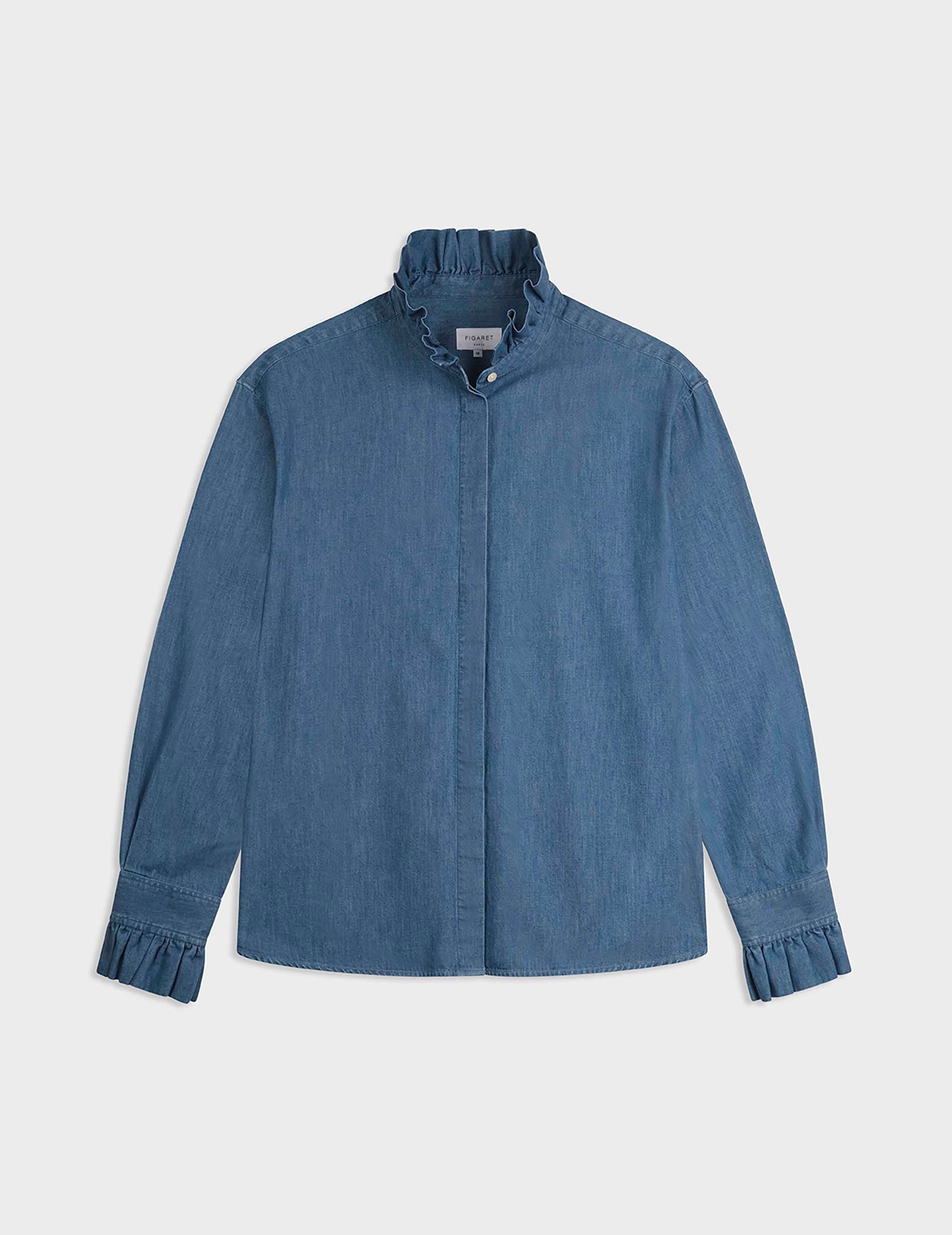 Blue denim Laurine shirt with hidden buttons placket - Denim