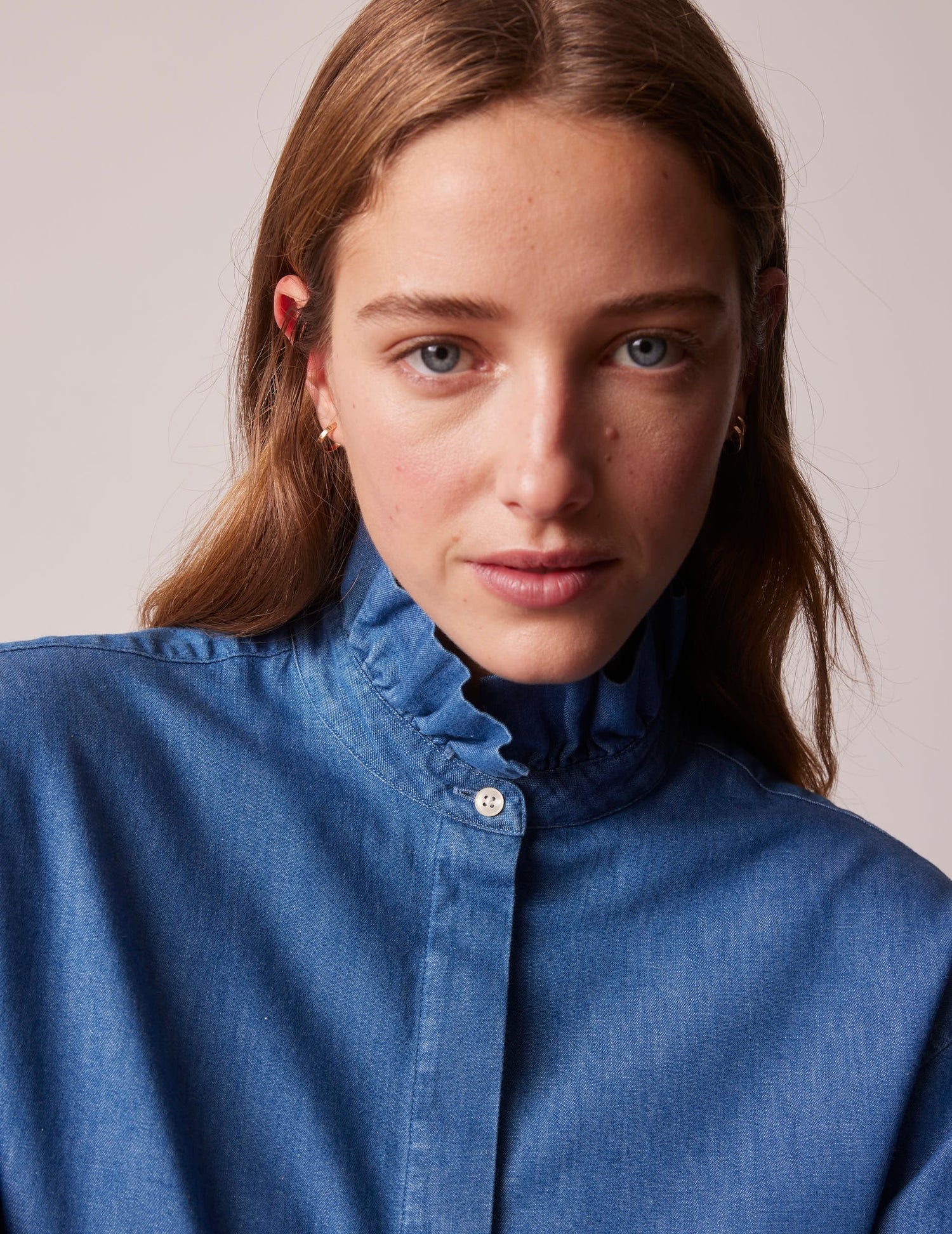 Blue denim Laurine shirt with hidden button placket - Denim - Victorian Collar#3