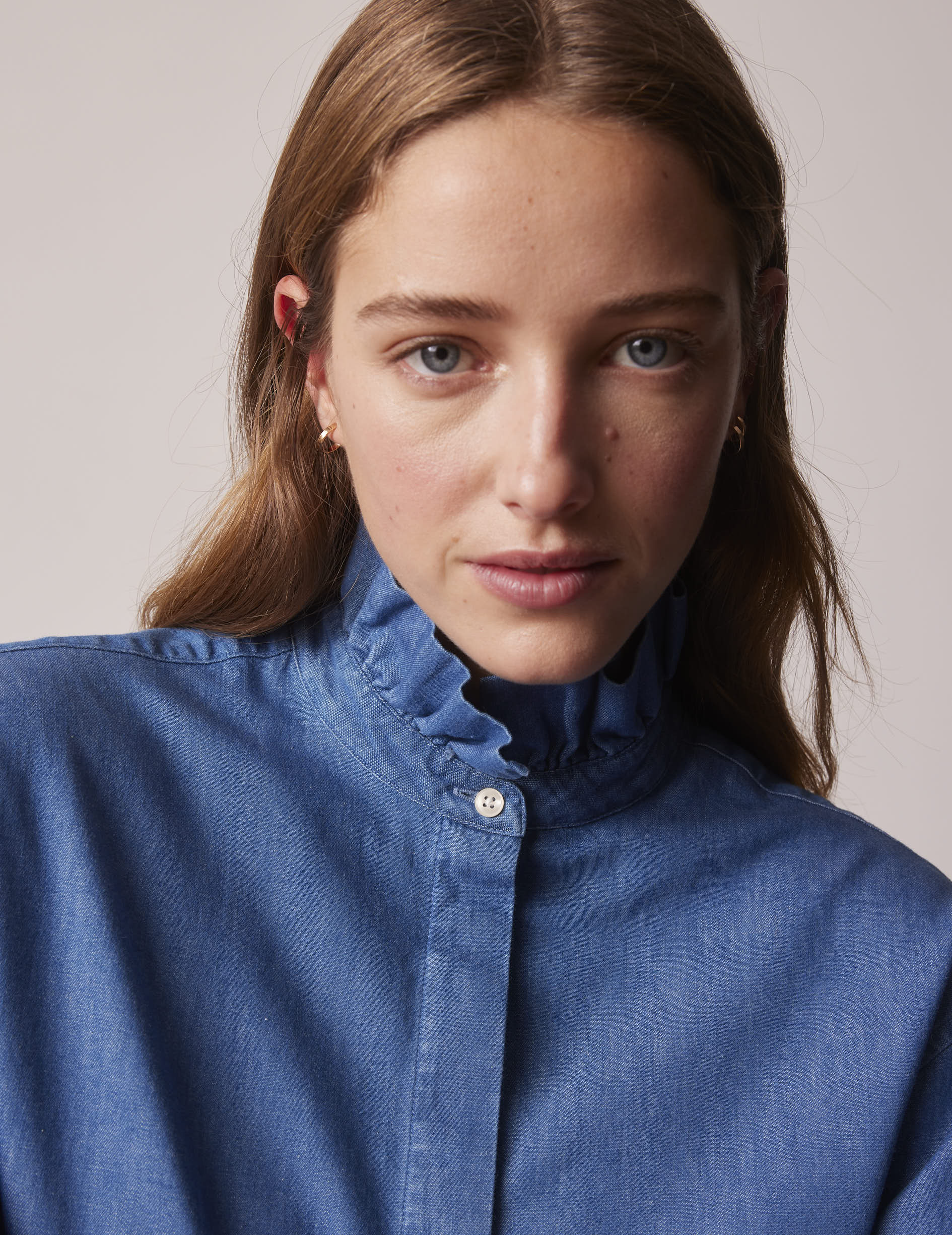 Blue denim Laurine shirt with hidden button placket - Denim - Victorian Collar