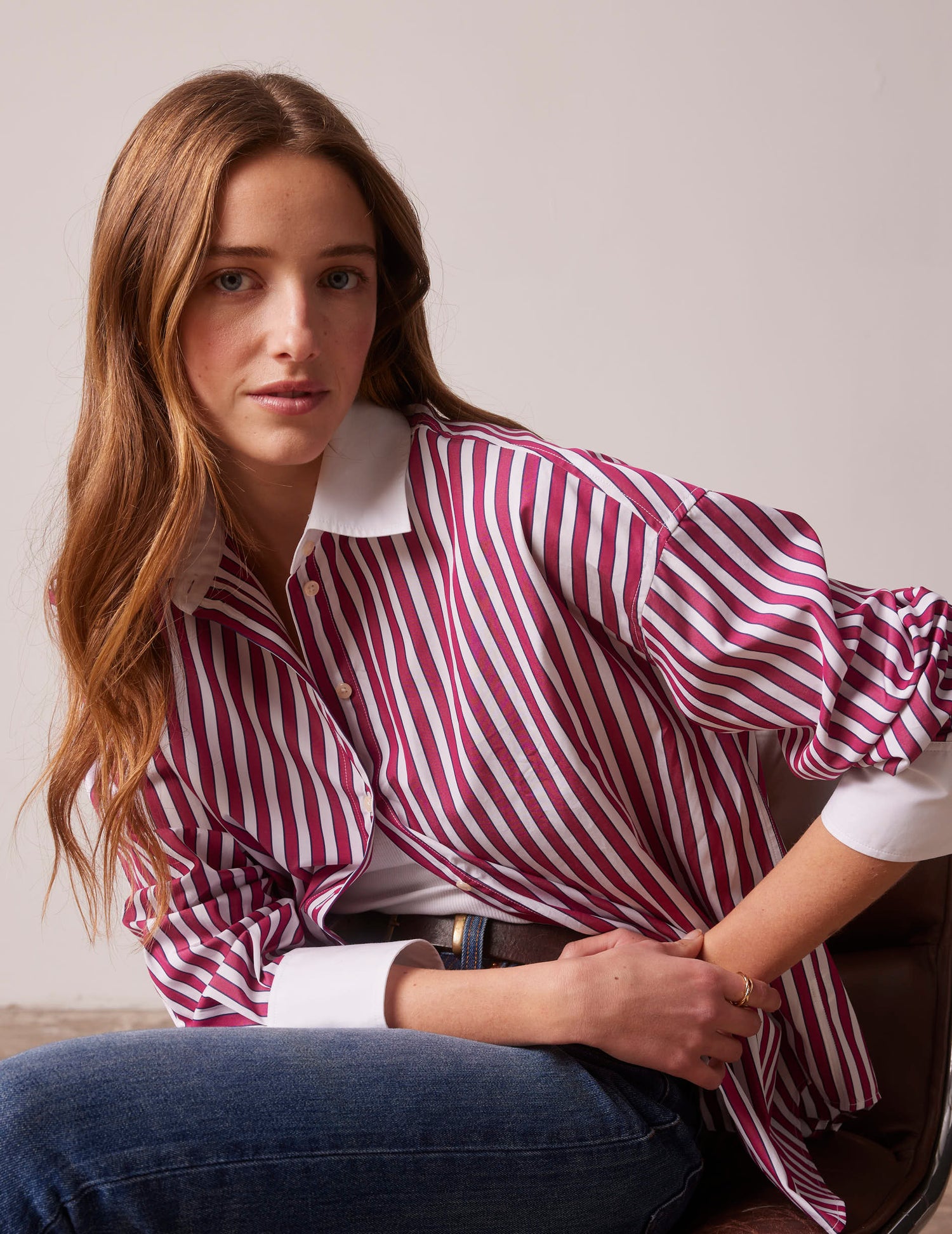 Oversized burgundy striped Lizandra shirt - Popeline - Chemise Collar