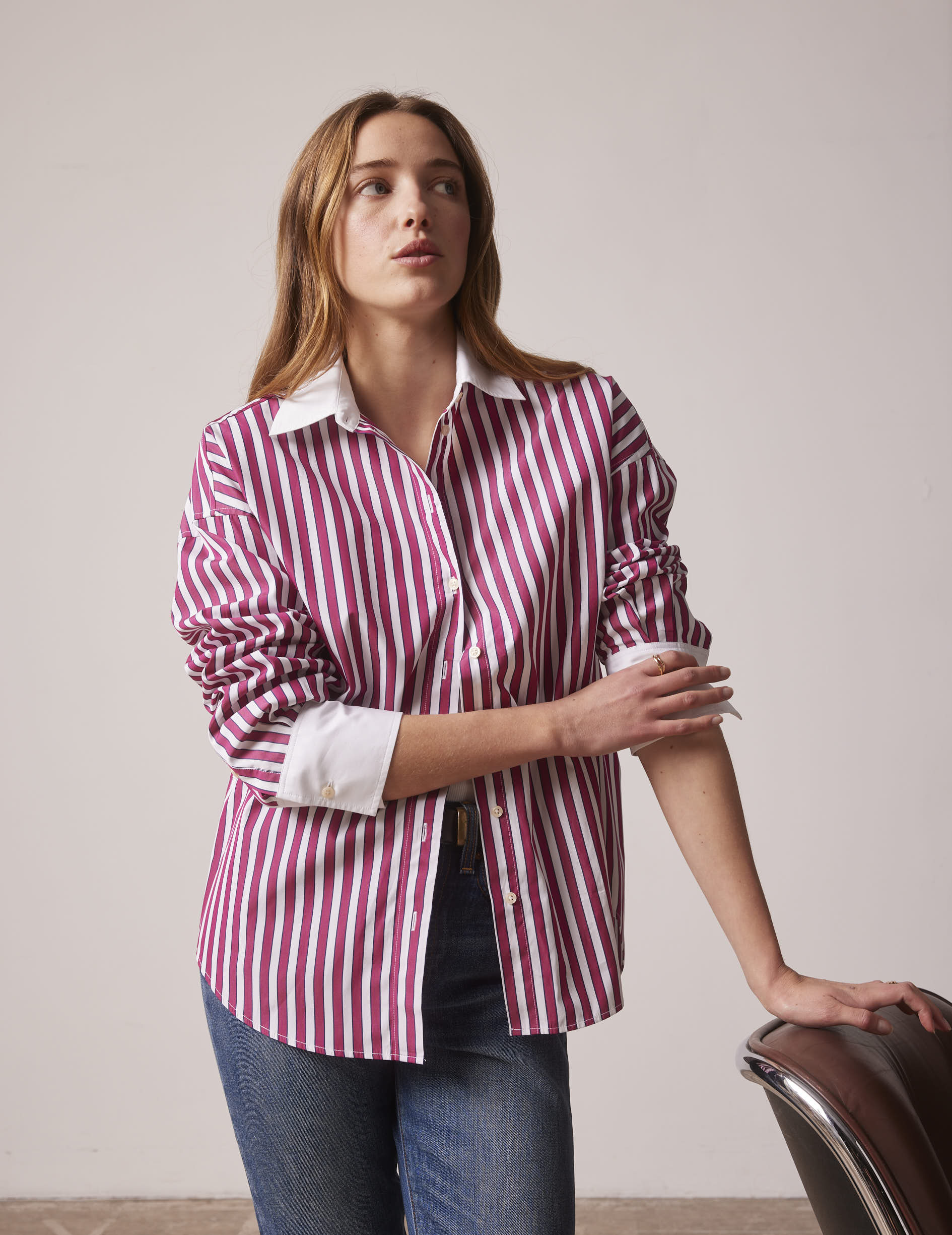 Oversized burgundy striped Lizandra shirt - Poplin - Shirt Collar