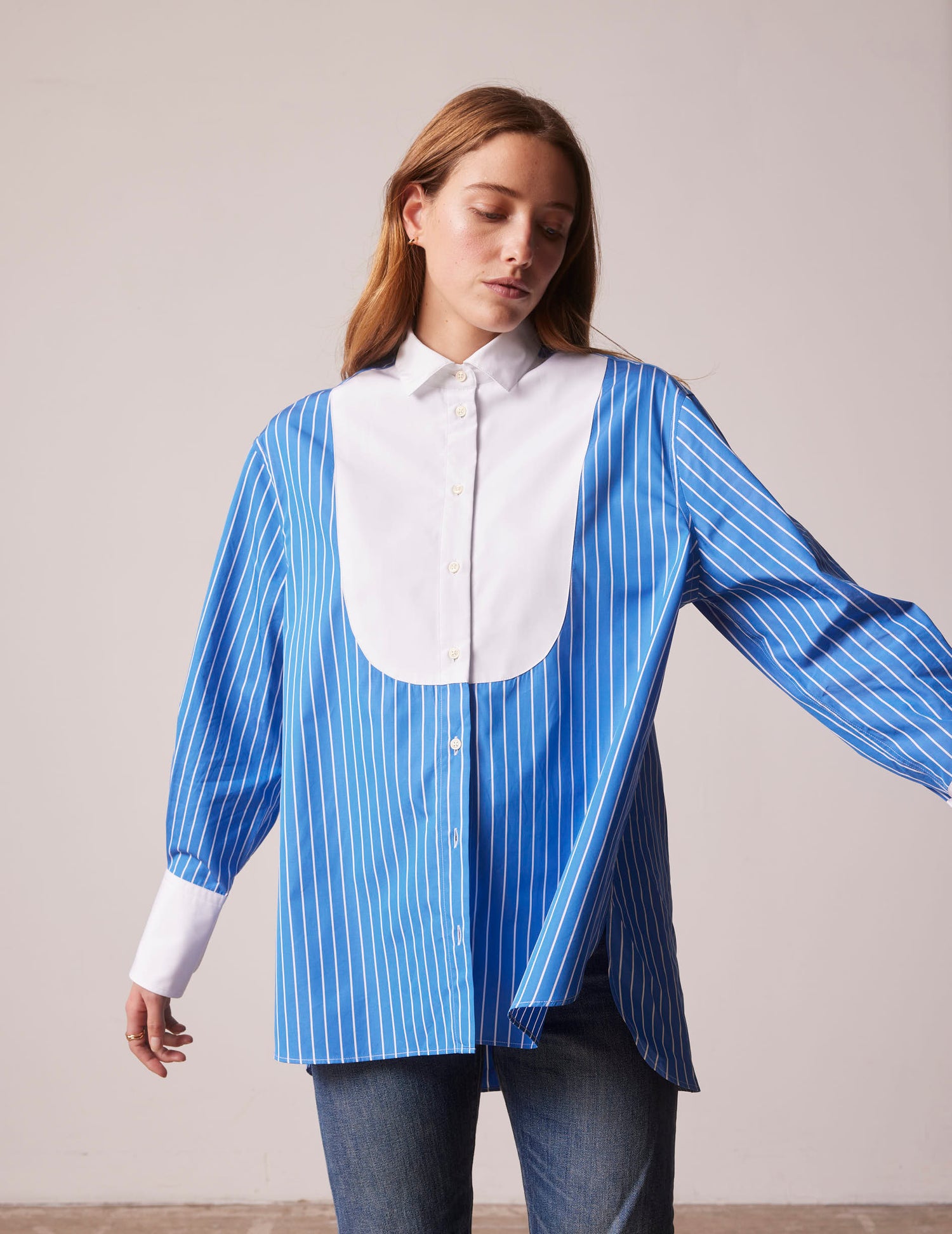 Chemise oversize Lune rayée bleue à plastron - Popeline - Col Chemise