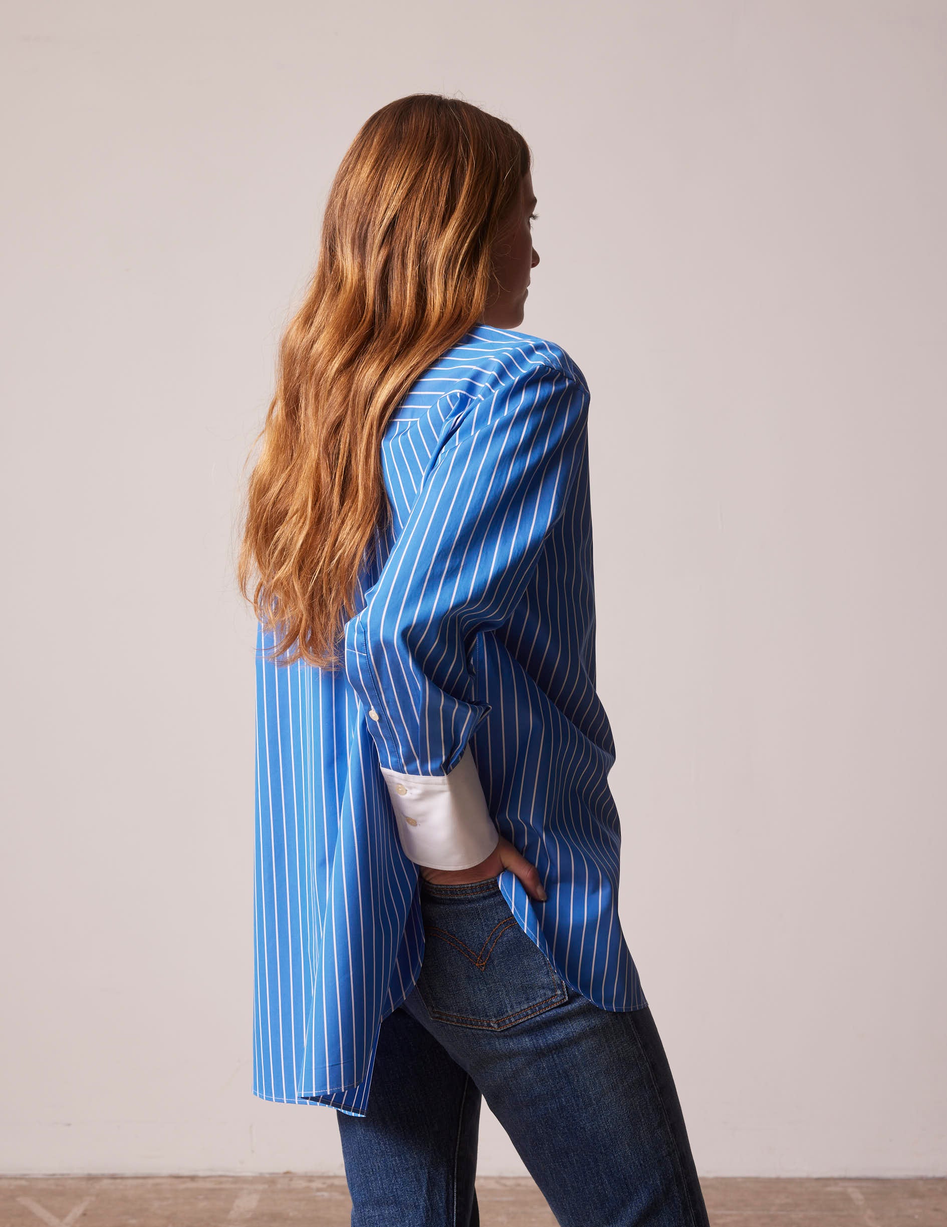 Oversized blue striped Lune shirt with bib - Popeline - Chemise Collar