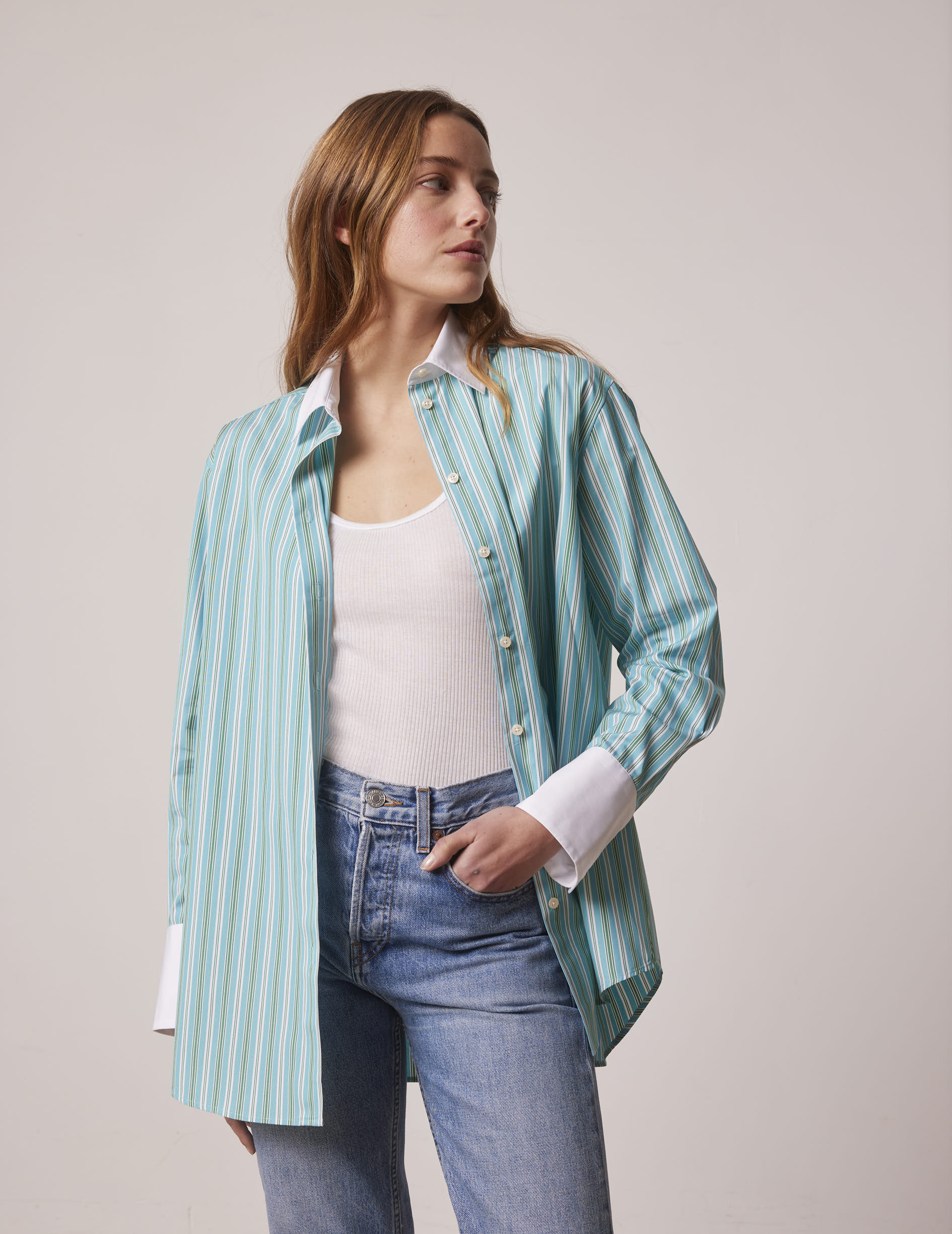 Oversized green striped Mathilde shirt - Poplin - Shirt Collar