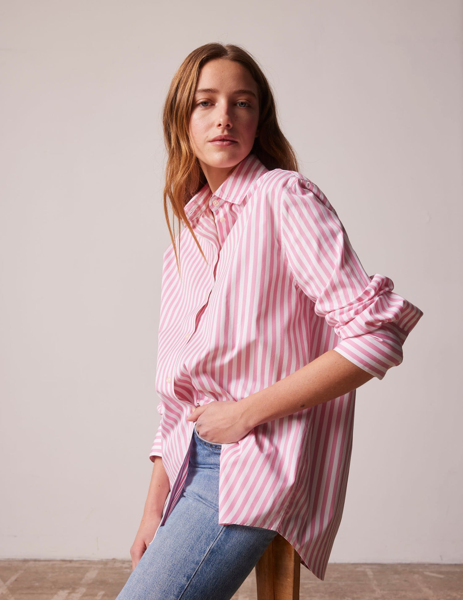 Chemise oversize Mathilde rayée rose - Popeline - Col Chemise