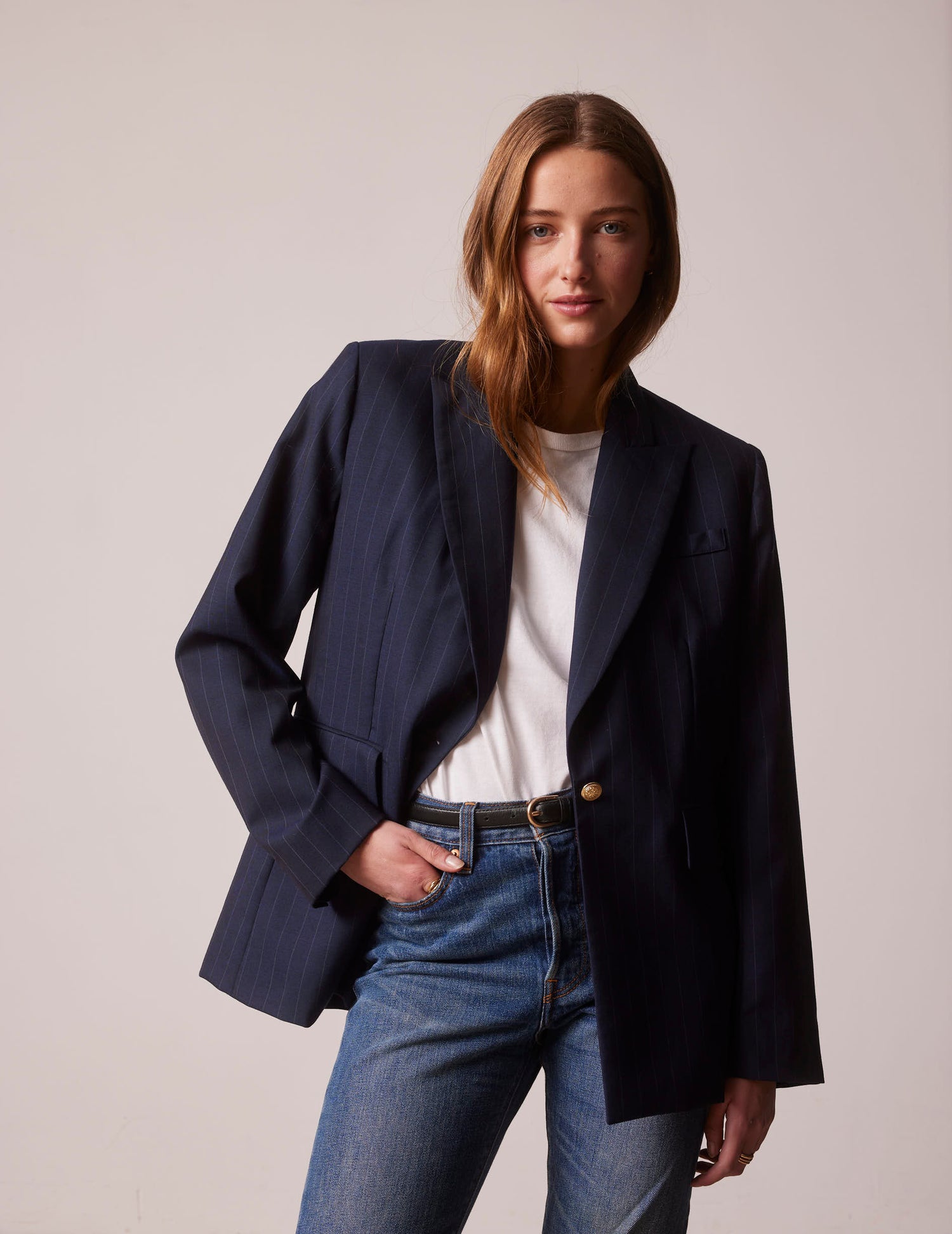 Blazer Lyvia en toile de laine rayée marine