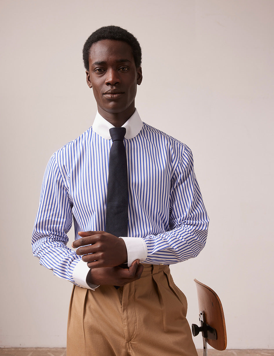 Blue striped semi-fitted shirt - Popeline - English Collar