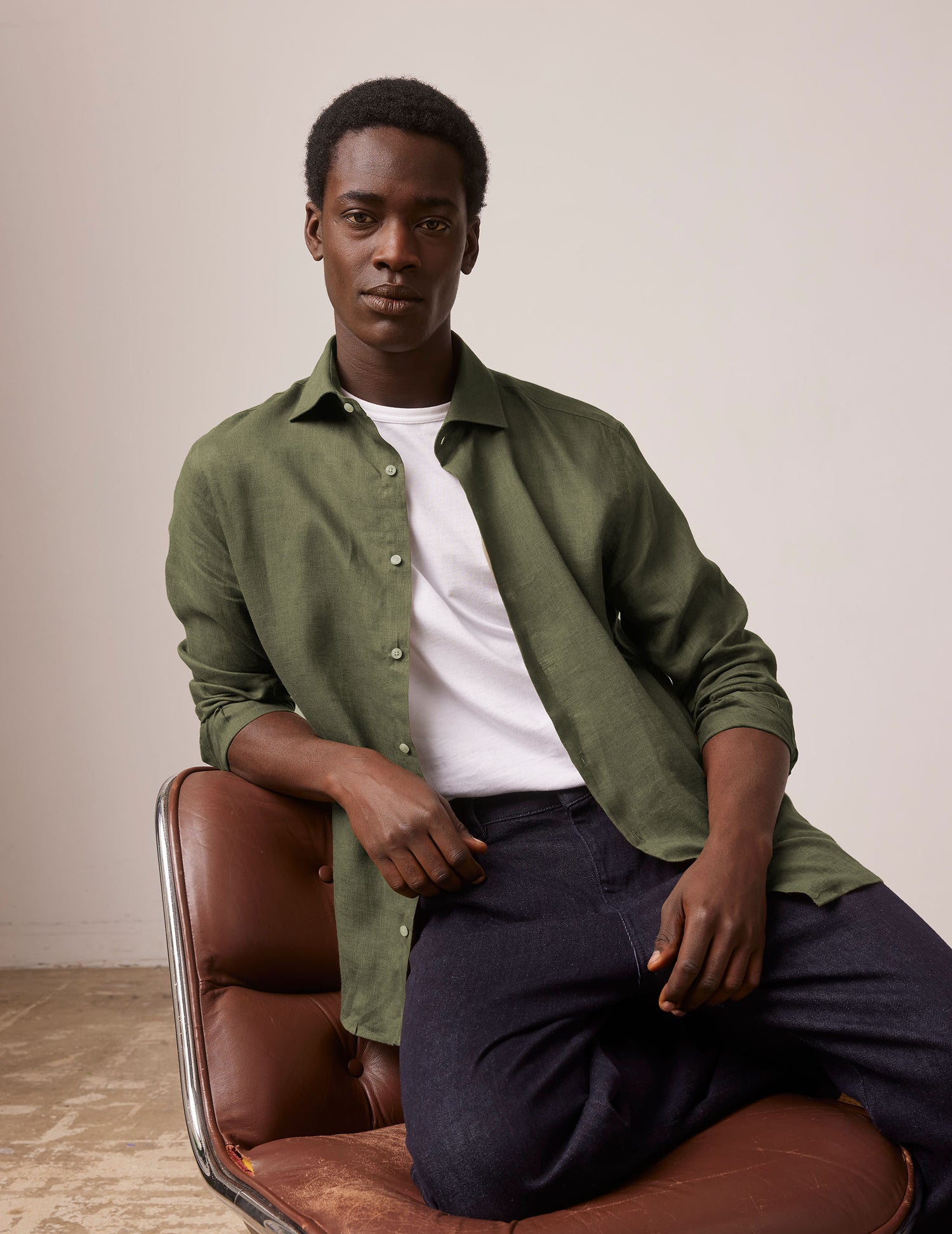 Khaki linen Aristote shirt - Linen - Italian Collar