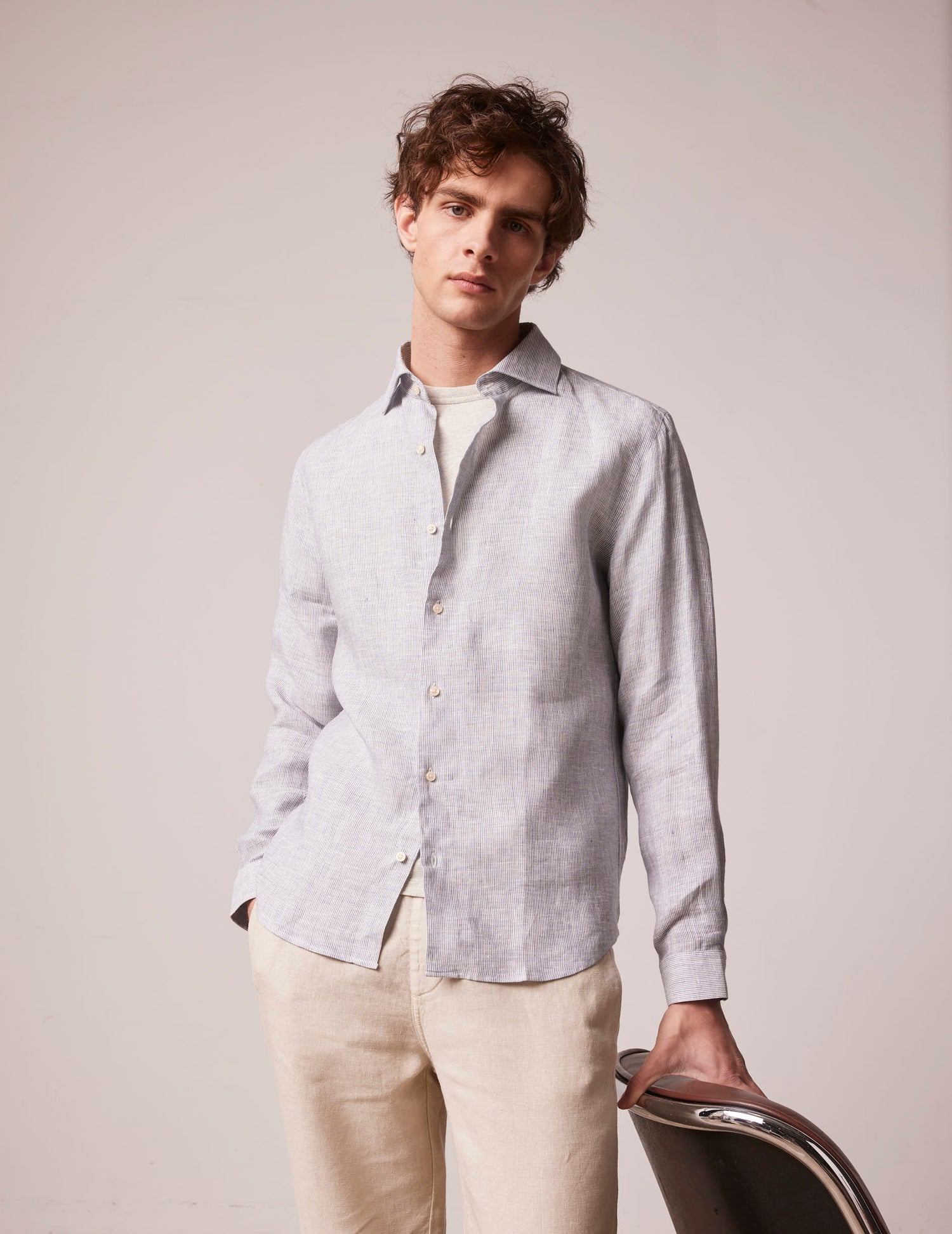 Navy blues striped linen Aristote shirt - Lin - Italien Collar