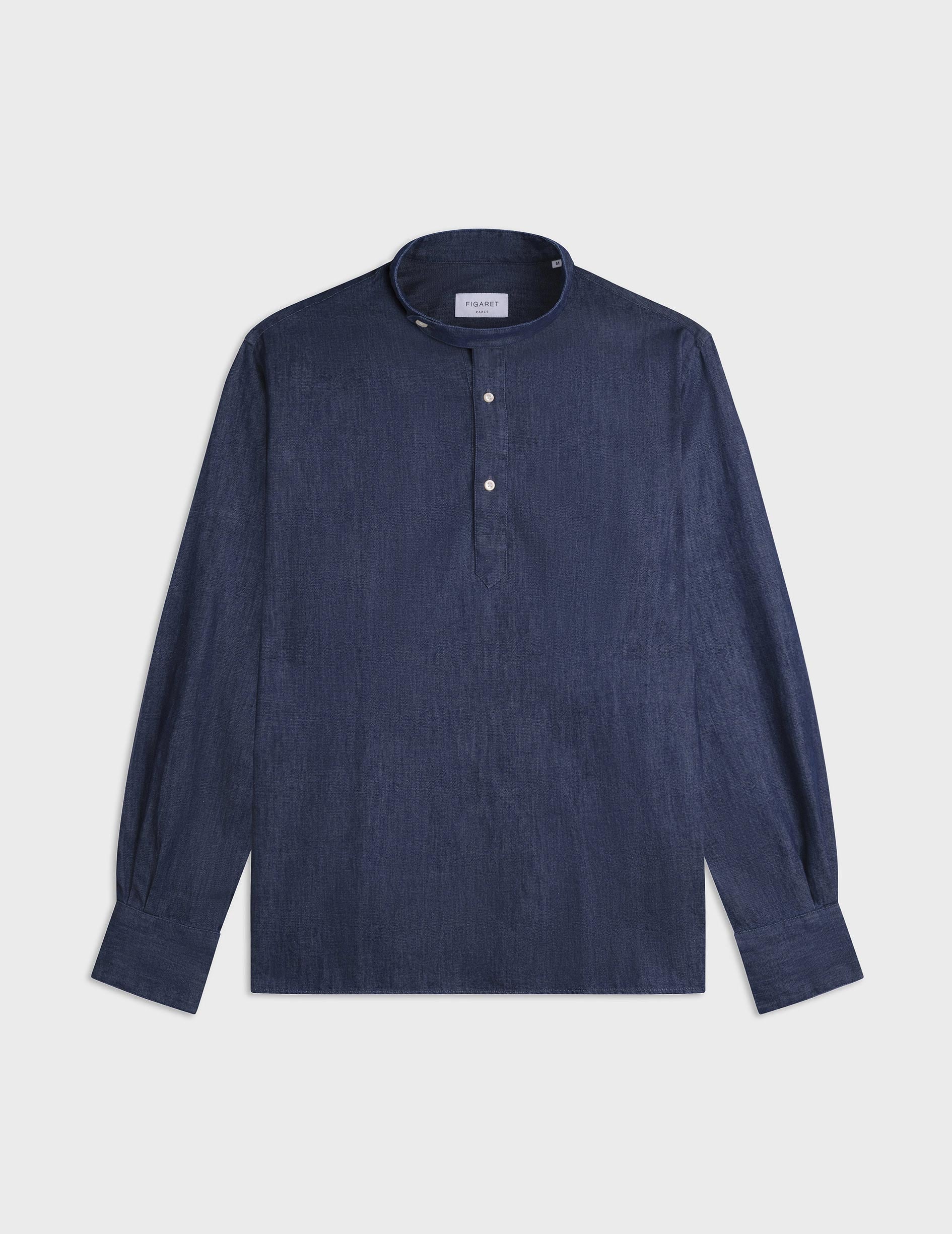 Navy blue Arthur popover shirt - Denim - Officier en pointe déportée Collar