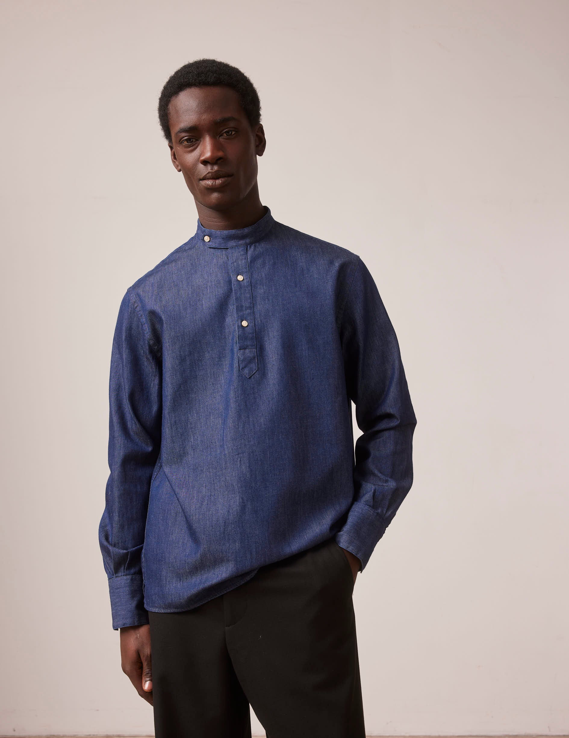 Navy blue Arthur popover shirt - Denim - Officier en pointe déportée Collar