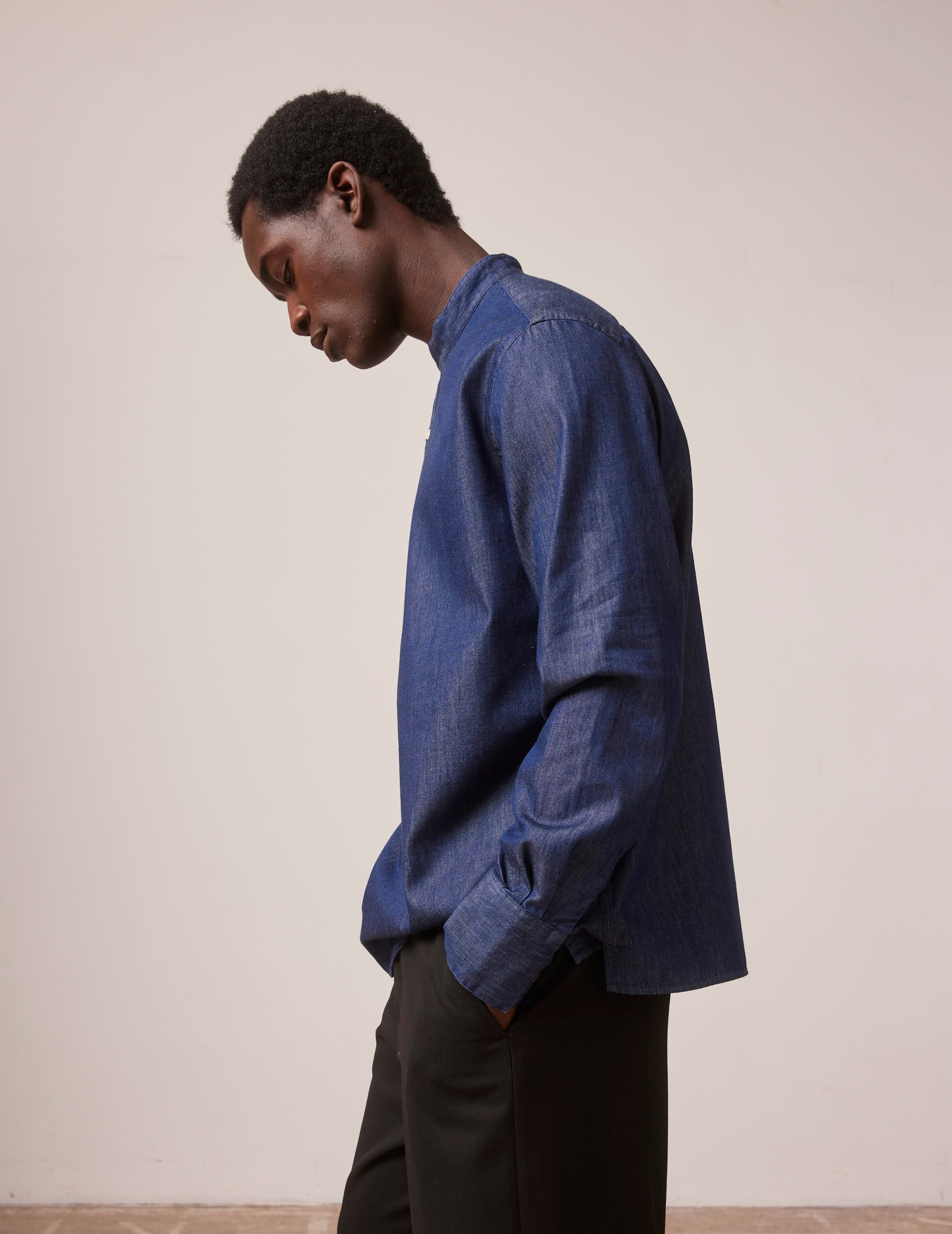 Navy blue Arthur popover shirt - Denim - Officier en pointe déportée Collar