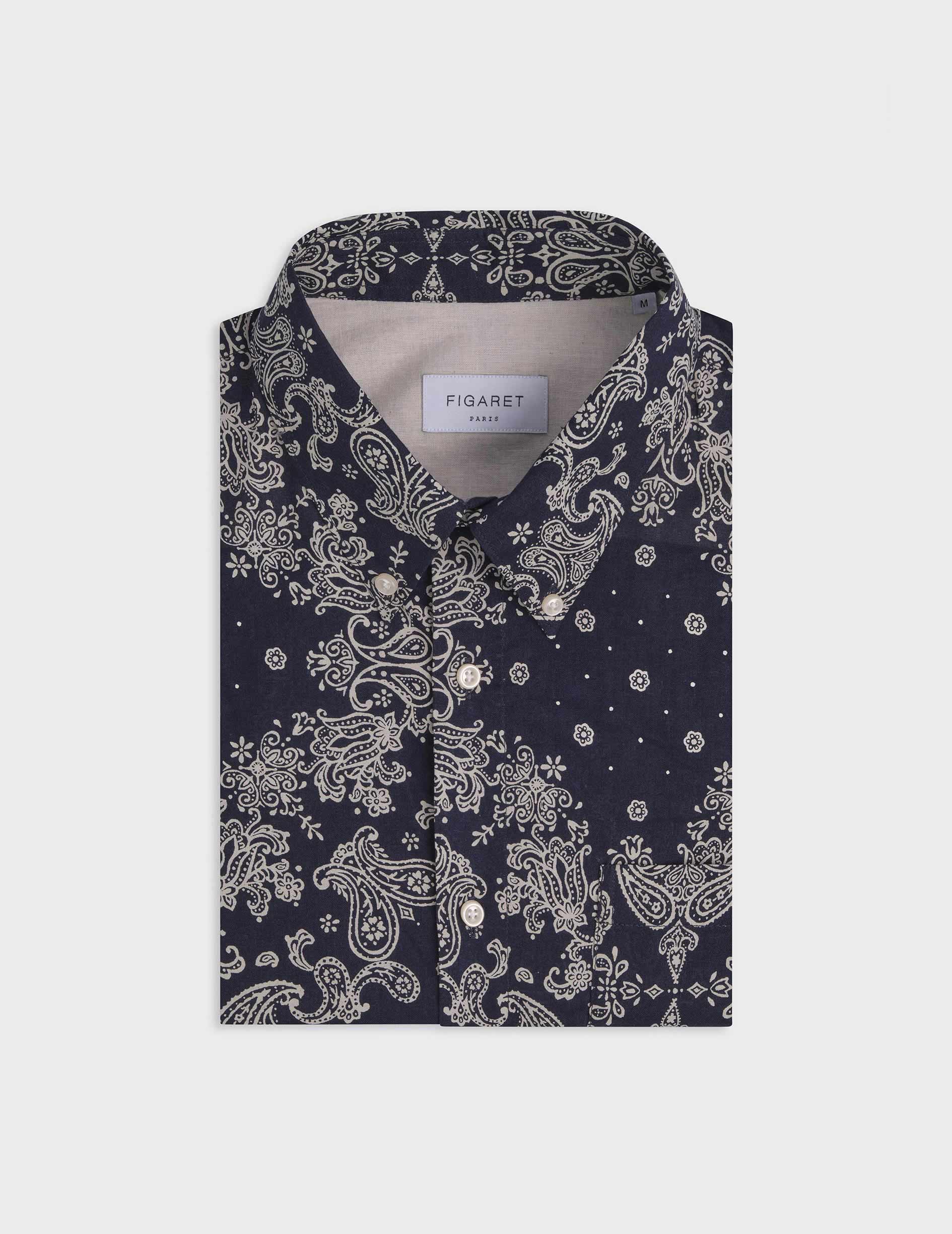 Navy blue print Aurélien shirt - cotton voile - Prodigious buttoned Collar