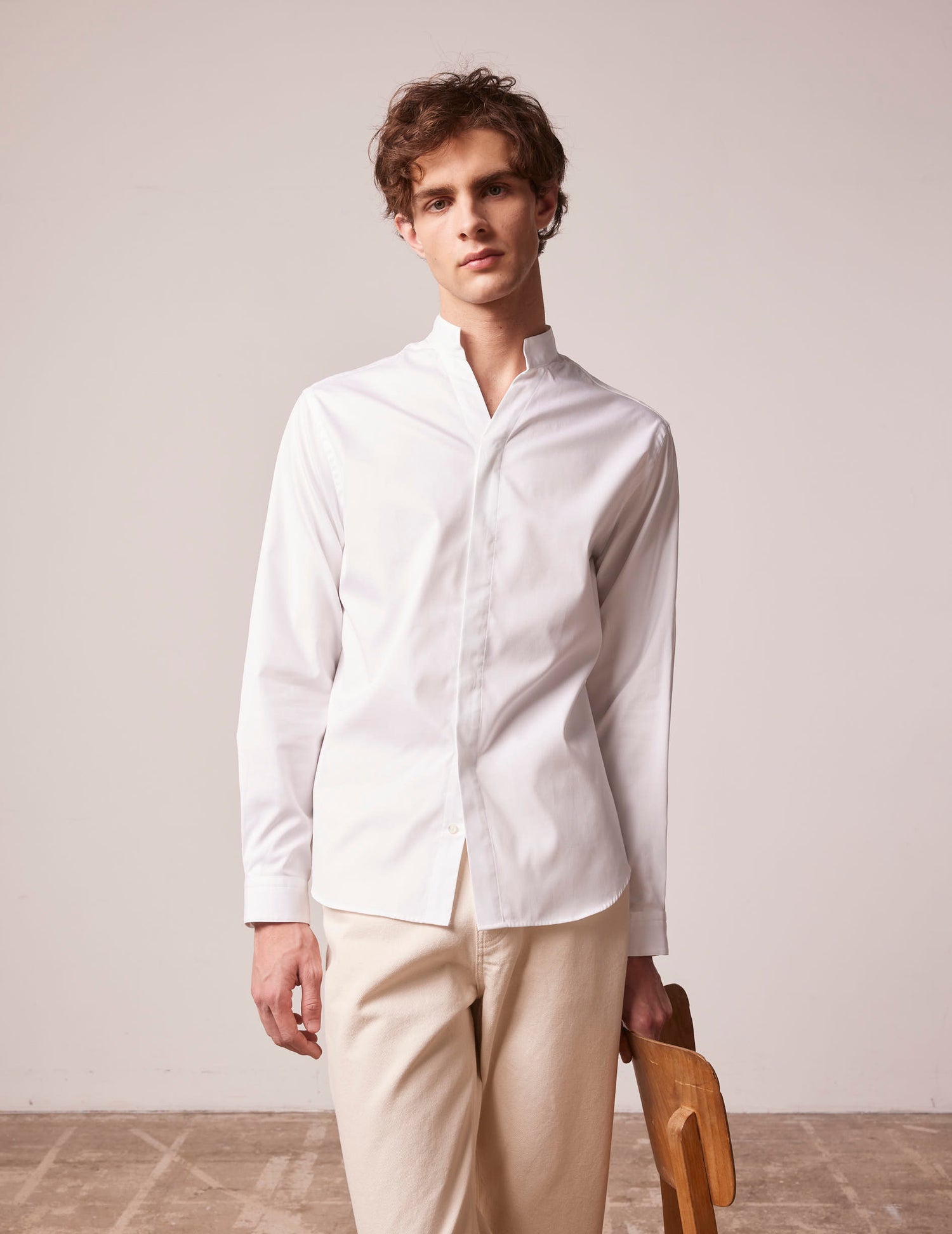 White Carl shirt with hidden buttons placket - Pinpoint - Open straight Collar