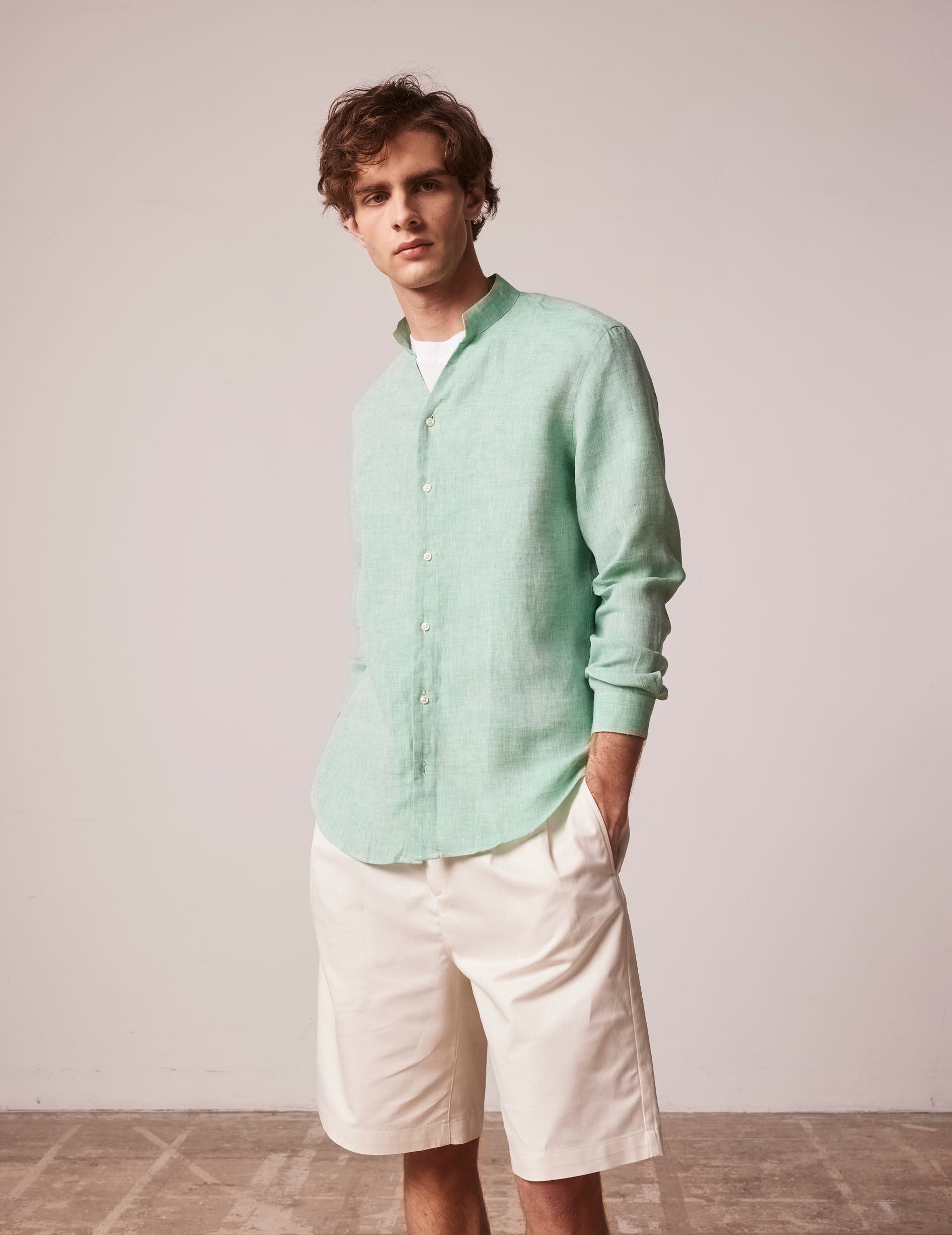 Green linen Carl shirt - Lin - Carl Collar