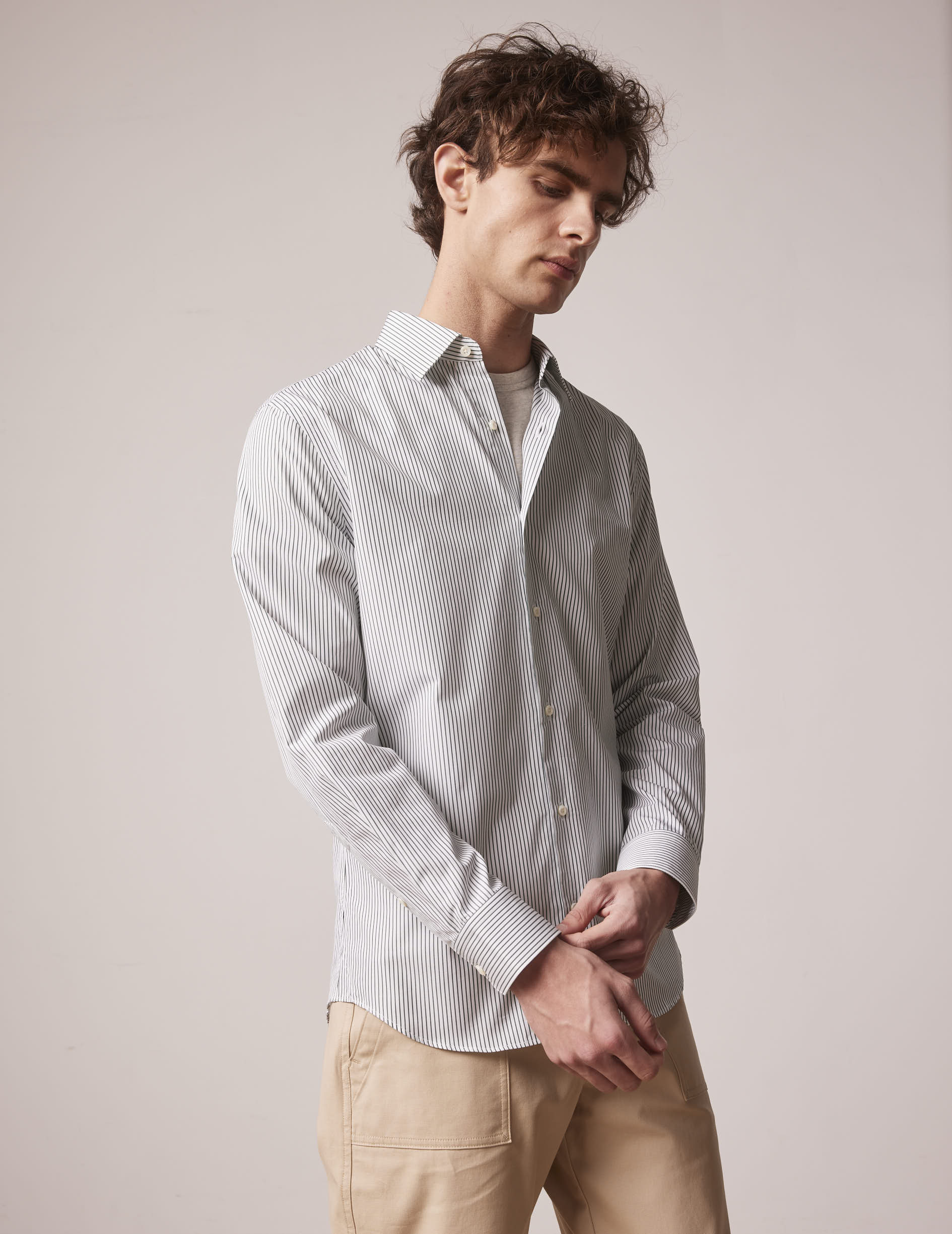 Green striped fitted shirt - Poplin - Figaret Collar