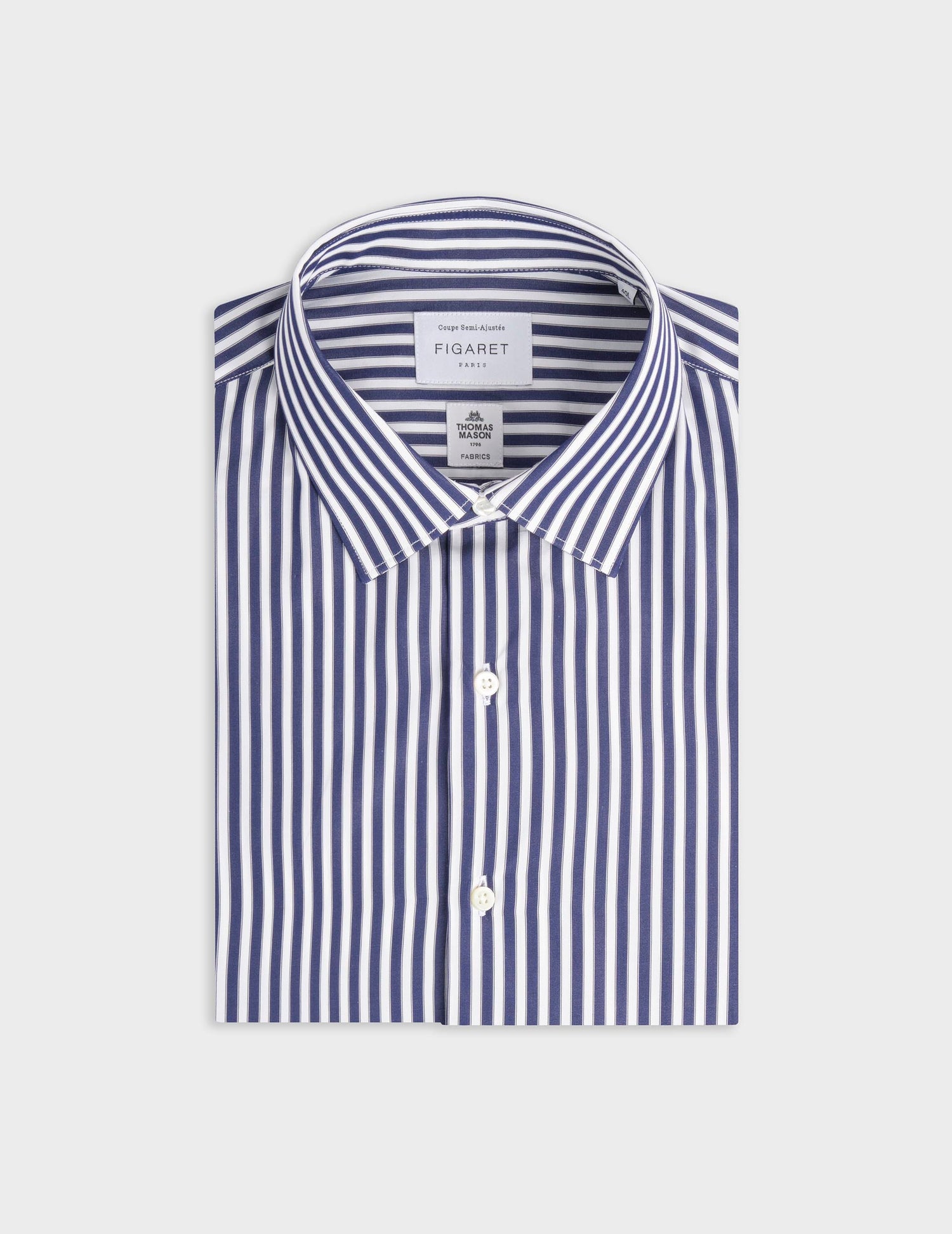 Navy striped semi-fitted shirt - Poplin - Figaret Collar