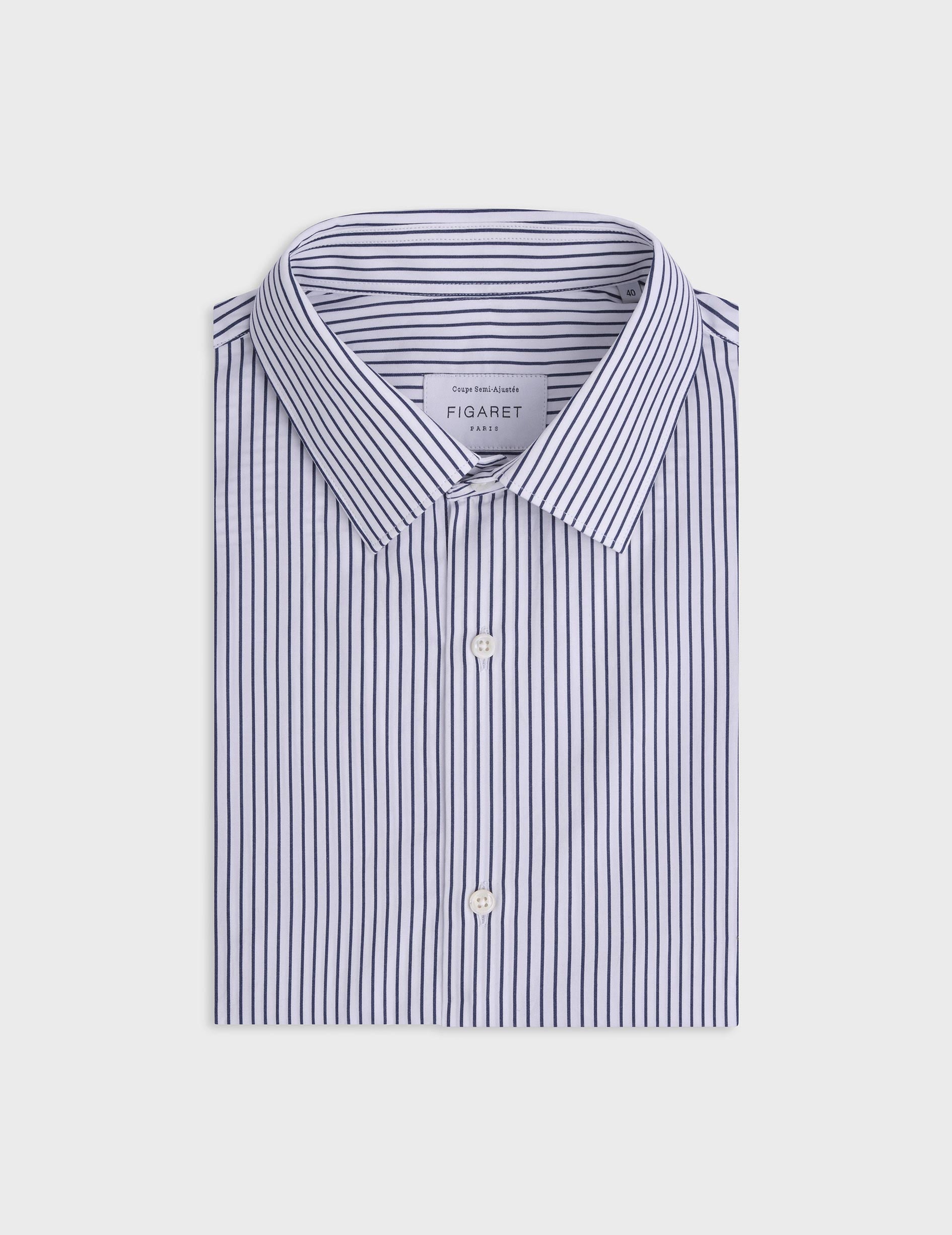 Navy blue striped semi-fitted shirt - Poplin - Figaret Collar