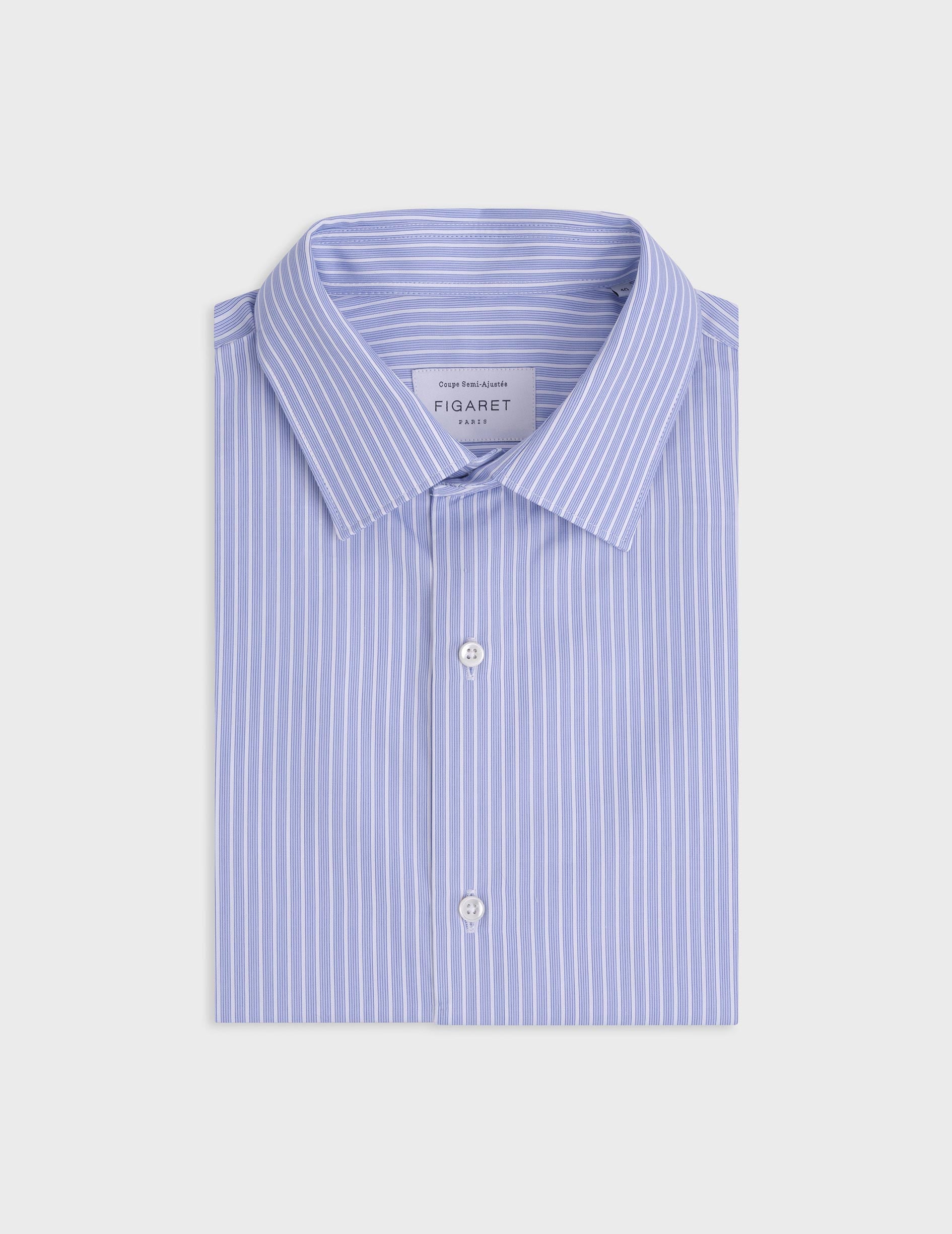 Blue striped semi-fitted shirt - Popeline - Figaret Collar