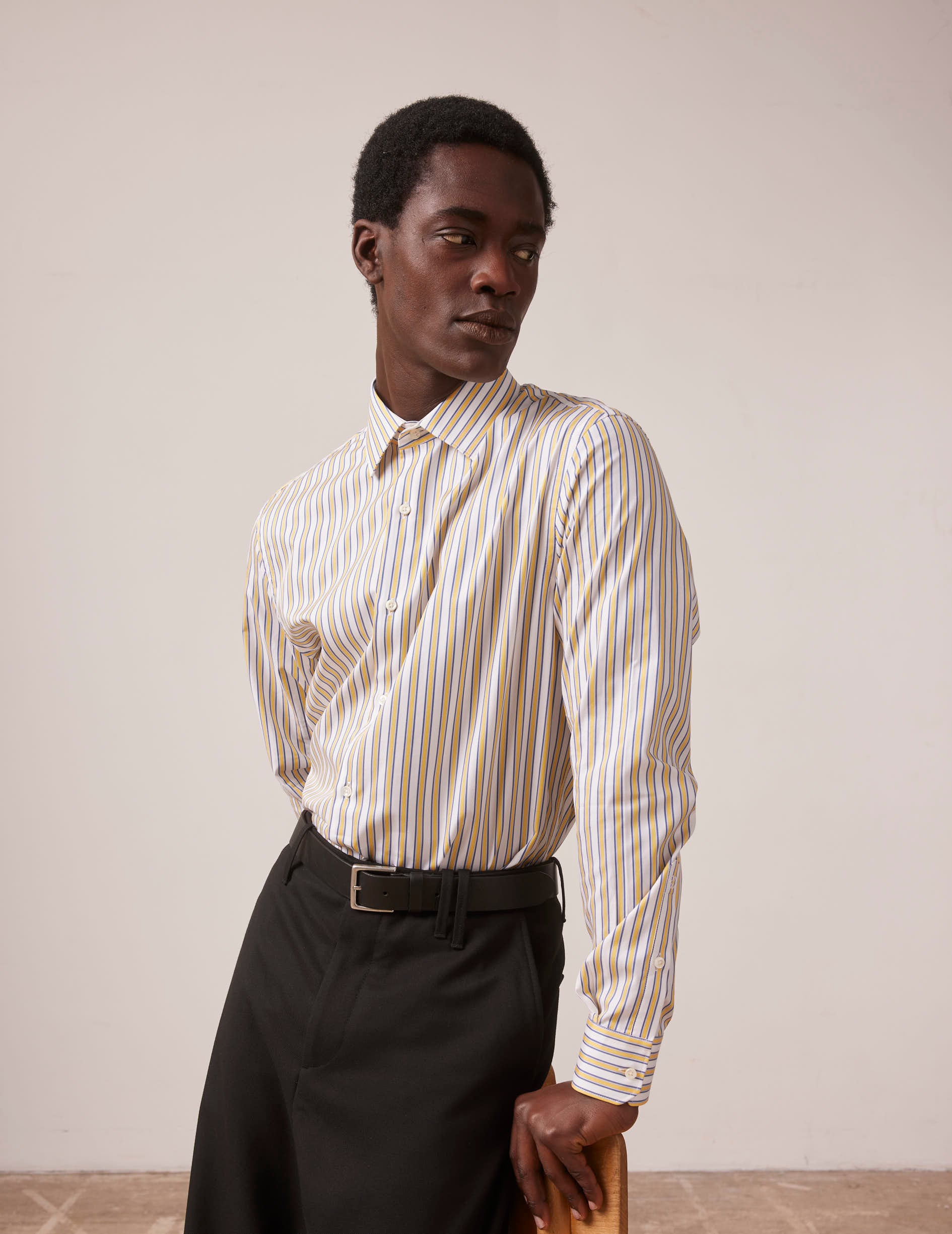 Yellow striped semi-fitted shirt - Dobby - Figaret Collar