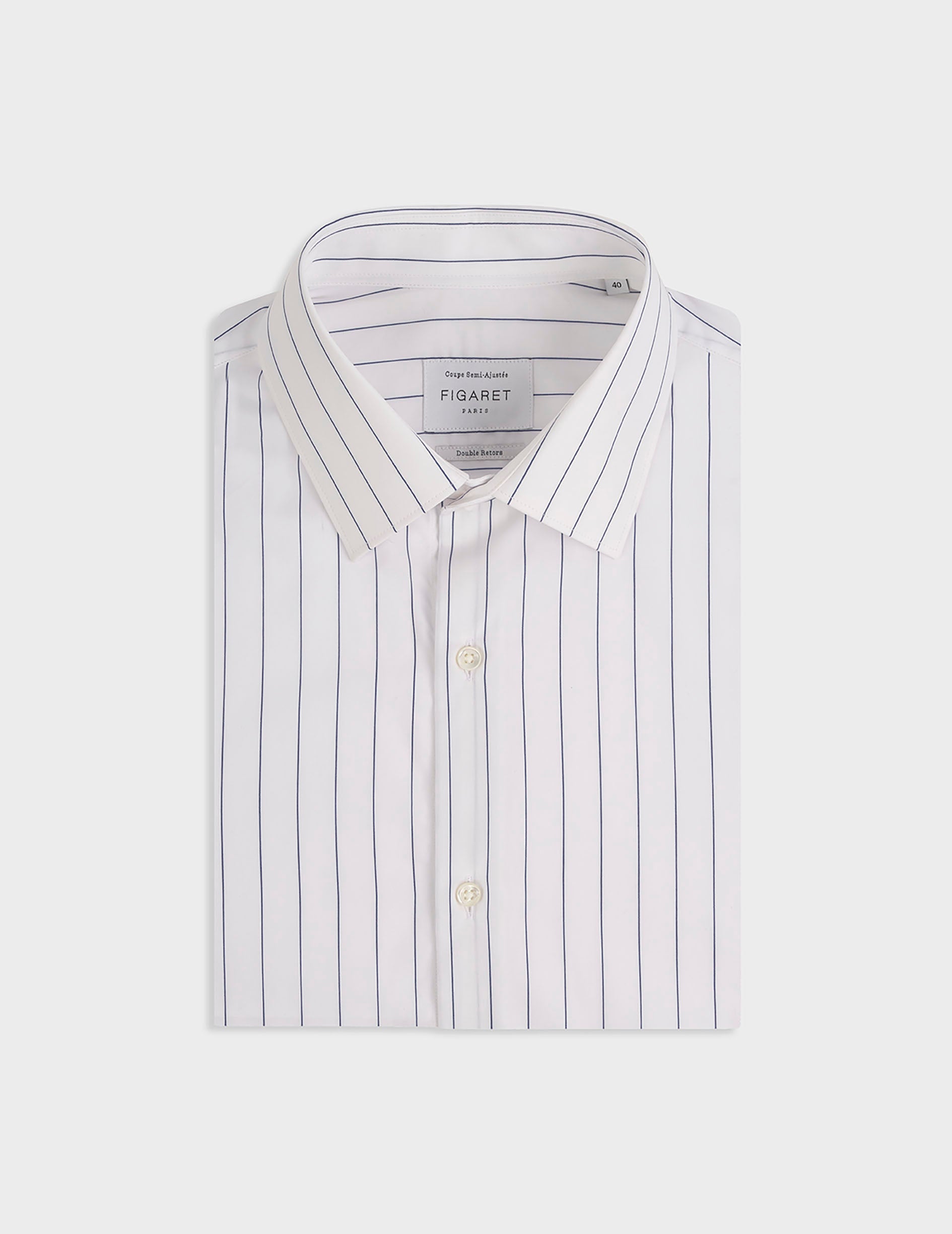 Navy blue striped semi-fitted shirt - Popeline - Figaret Collar