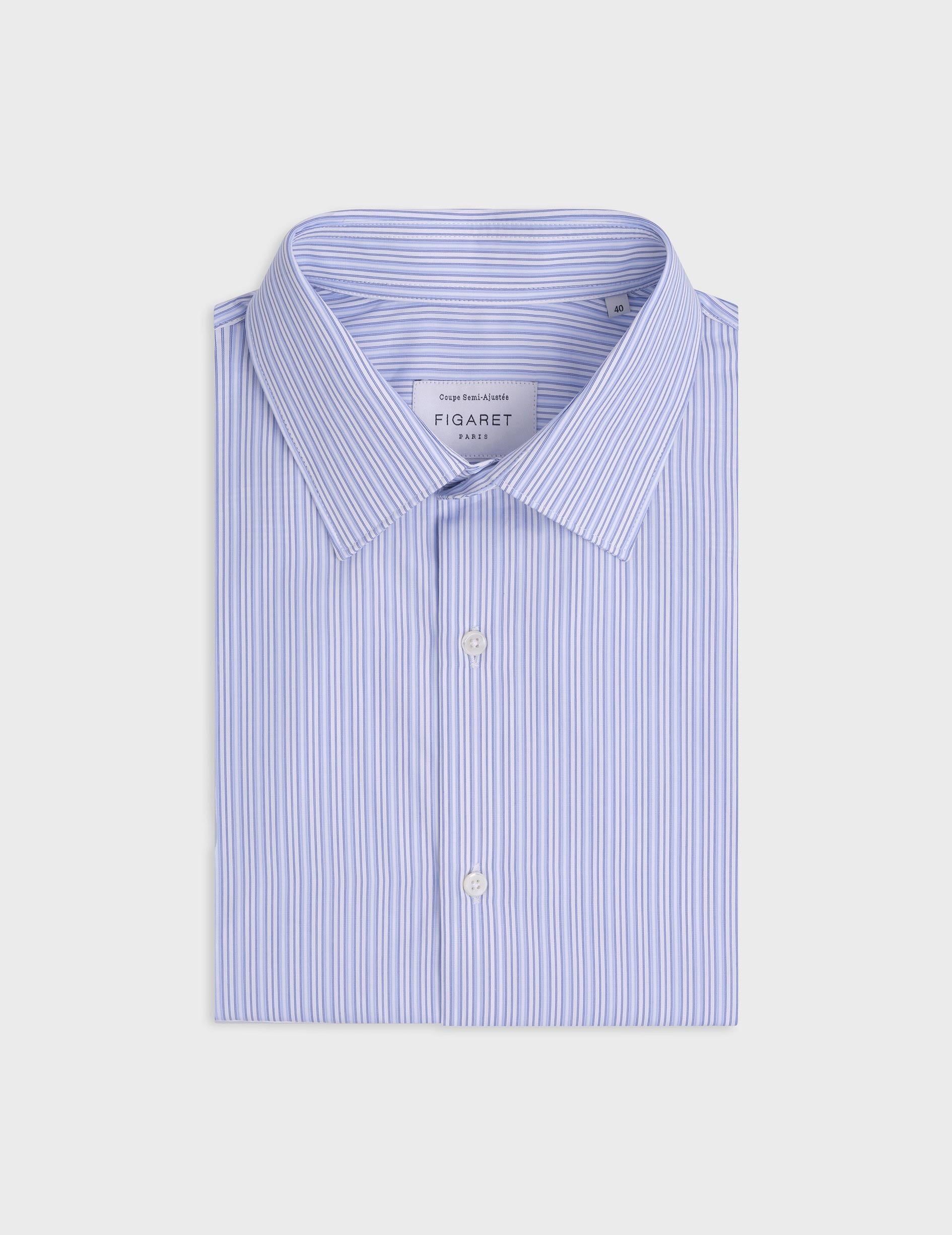 Striped blue semi-fitted shirt - Poplin - Figaret Collar