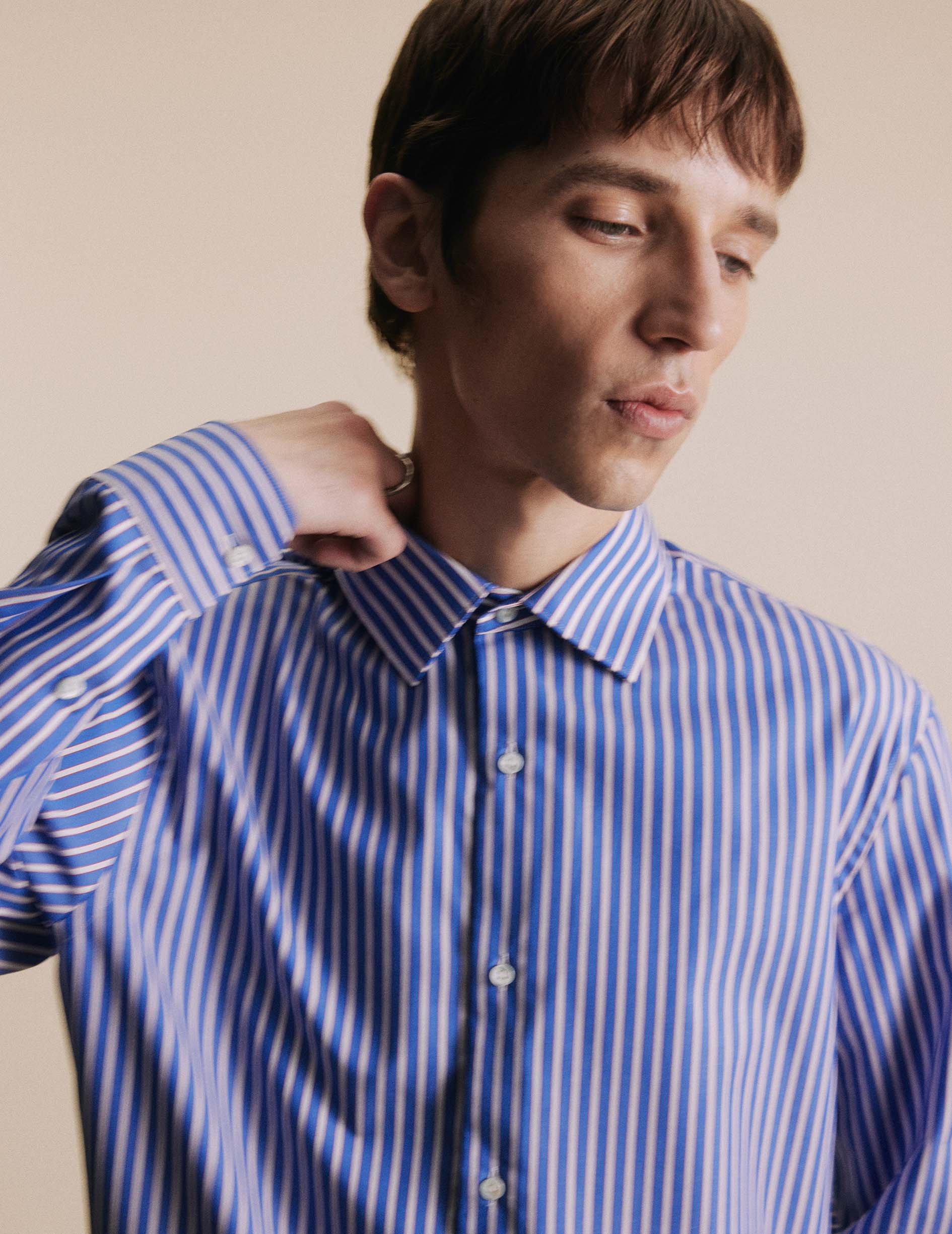 Blue striped semi-fitted shirt - Poplin - Figaret Collar