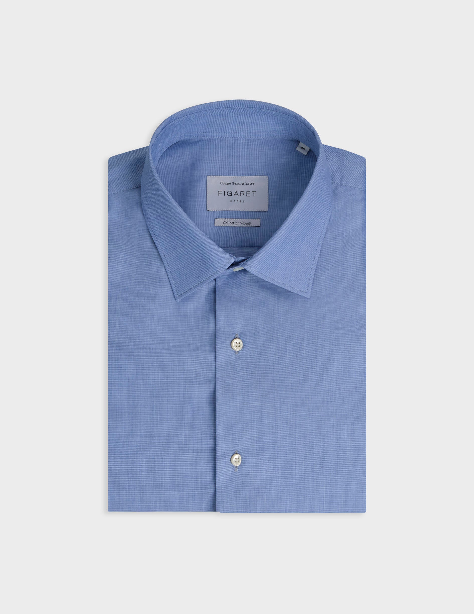 Blue semi-fitted wrinkle-free shirt - Fil-à-fil - Figaret Collar