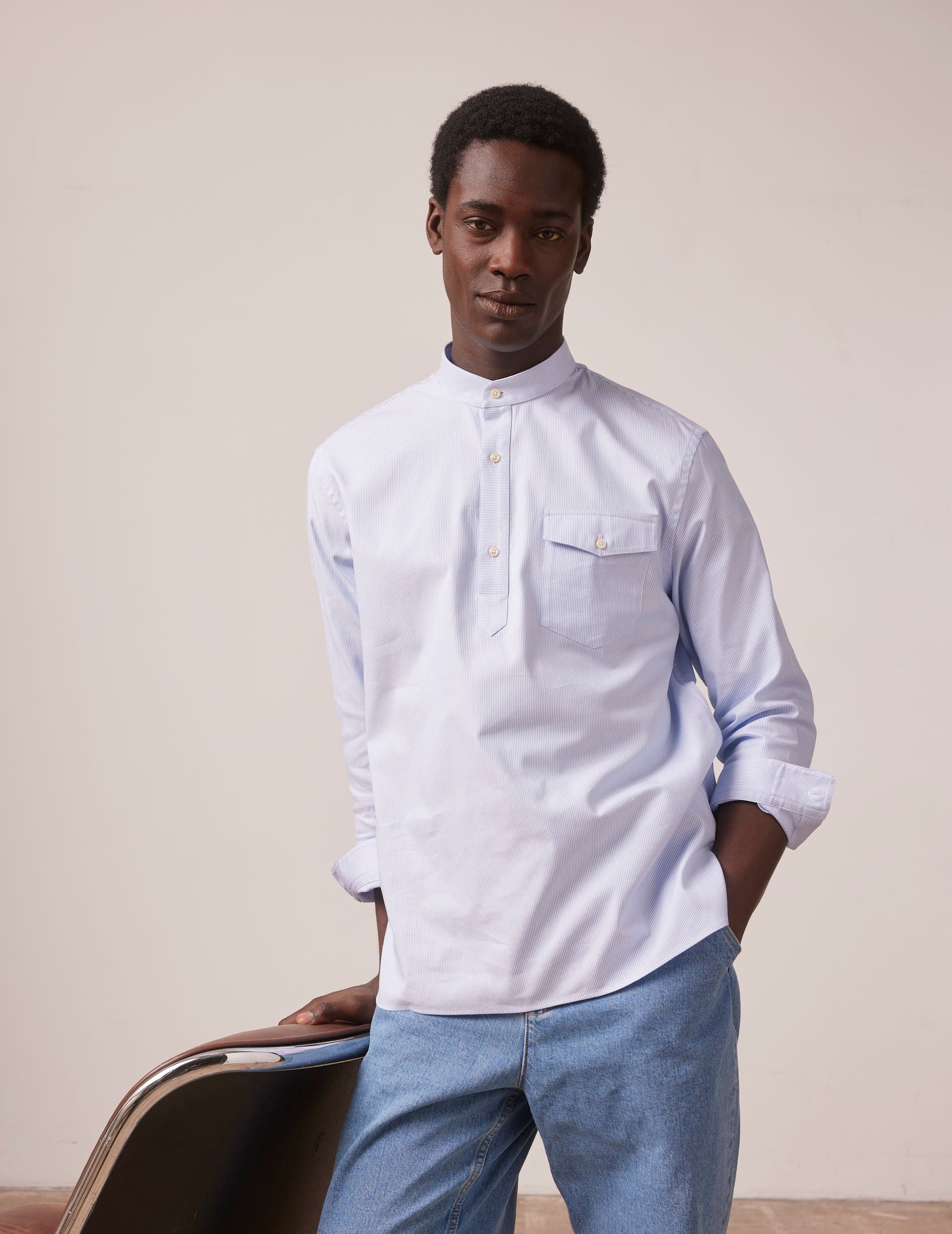 Blue striped Hilario popover shirt - Oxford - Officier Collar