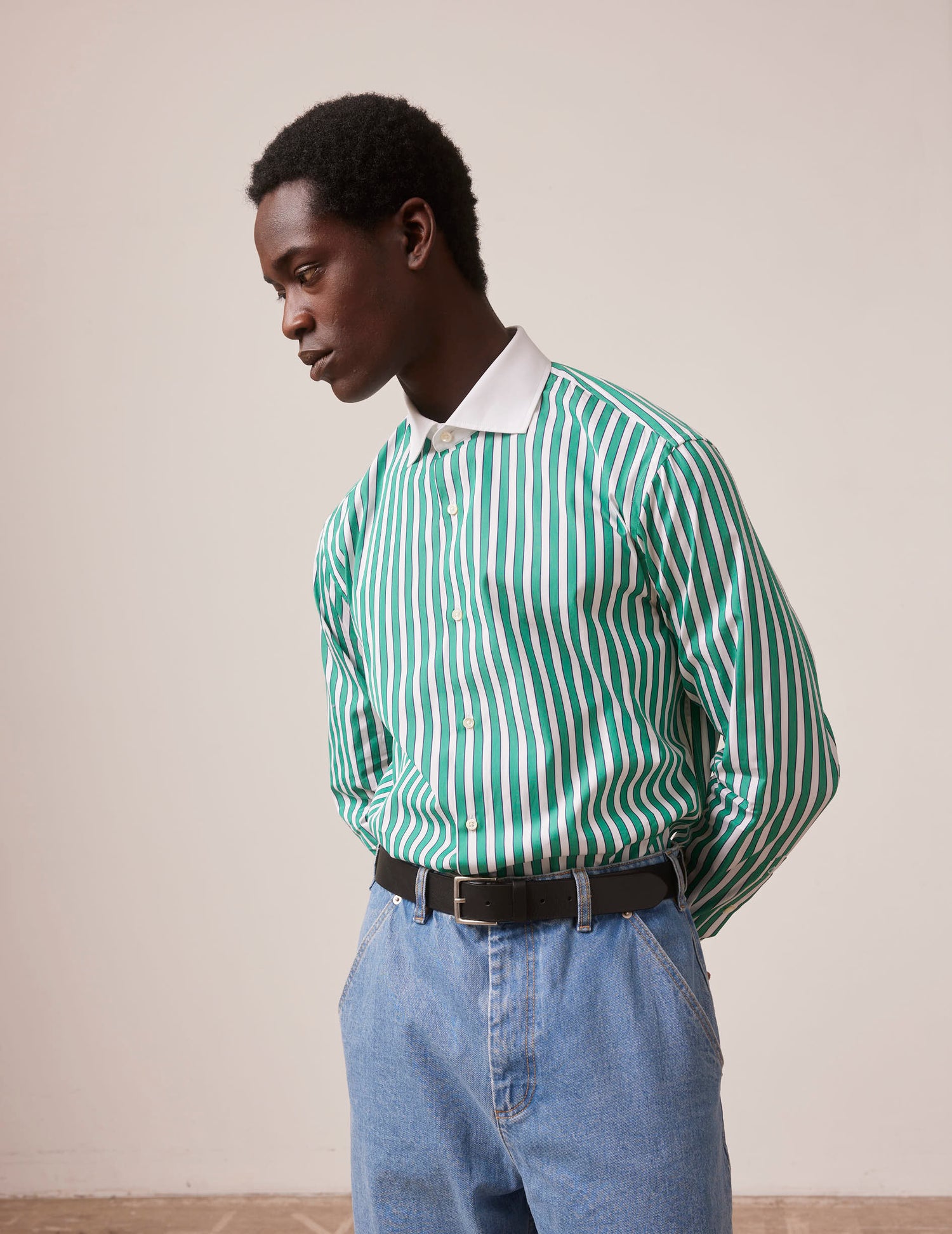 Green striped semi-fitted shirt - Poplin - Italian Collar#4