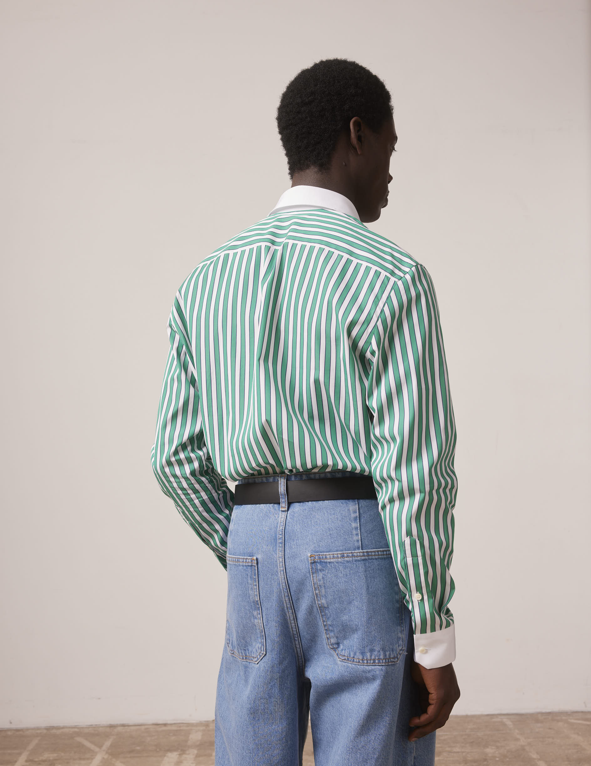 Green striped semi-fitted shirt - Poplin - Italian Collar